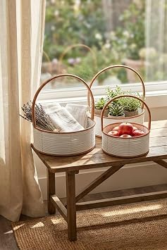 BUFFER 3 Parça İç İçe Geçebilen Plastik Rattan Sepet Seti, Beyaz Renk, Kahverengi Sap, Yuvarlak Hasır Görünümlü Çok Amaçlı Düzenleyici Sepetler, 27x35 cm
