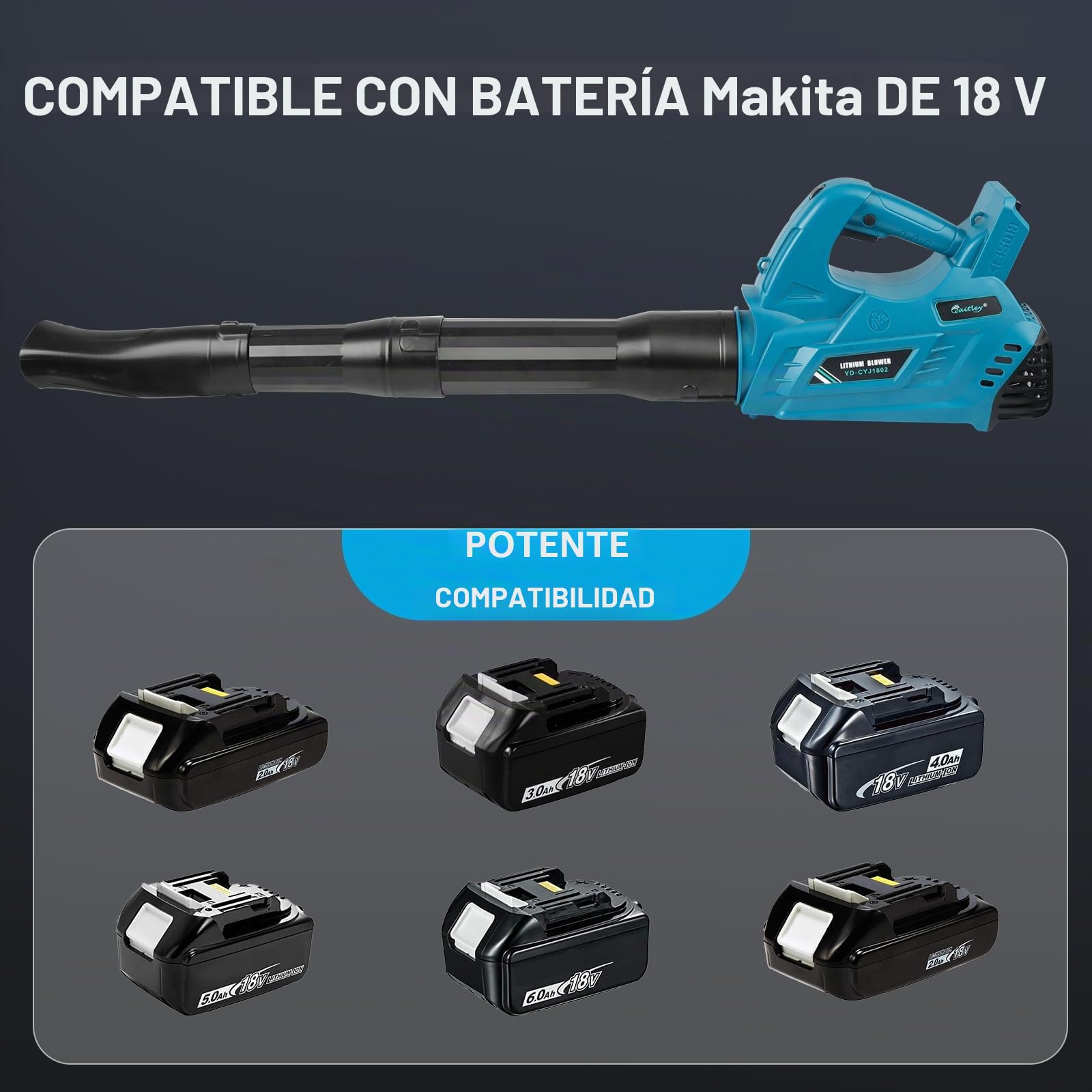 Waitley Soplador para Baterías Makita 18V, 297 km/h, 6 Velocidades | Flujo de aire de hasta 297 km/h, 6 velocidades, tubo desmontable y soporte de pared. Sin batería ni cargador