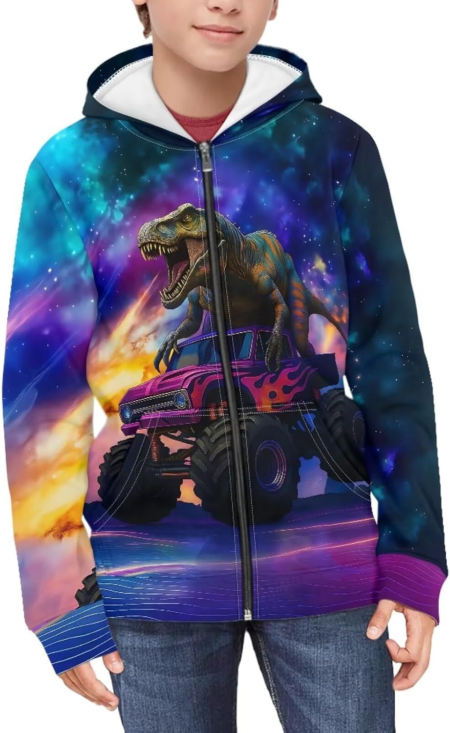 Dinosaur Theme Boys Zip Up Hoodie Comfy Long Sleeve with Pockets Casual Kid Hooded Sweatshirts 8-16 Years