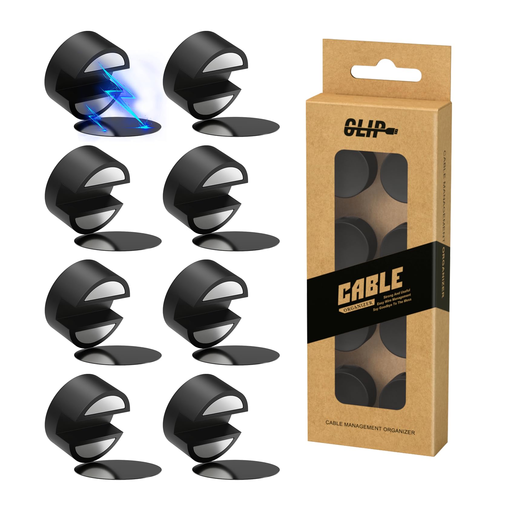 Viaky Magnetic Cable Clips 8 Pcs, Silicone Magnet Cable Holder with Self Adhesive Metal Plate, Wire Tidy Organiser for USB, Charger Cord, Home, Office, Car, Nightstand, Black (5mm)