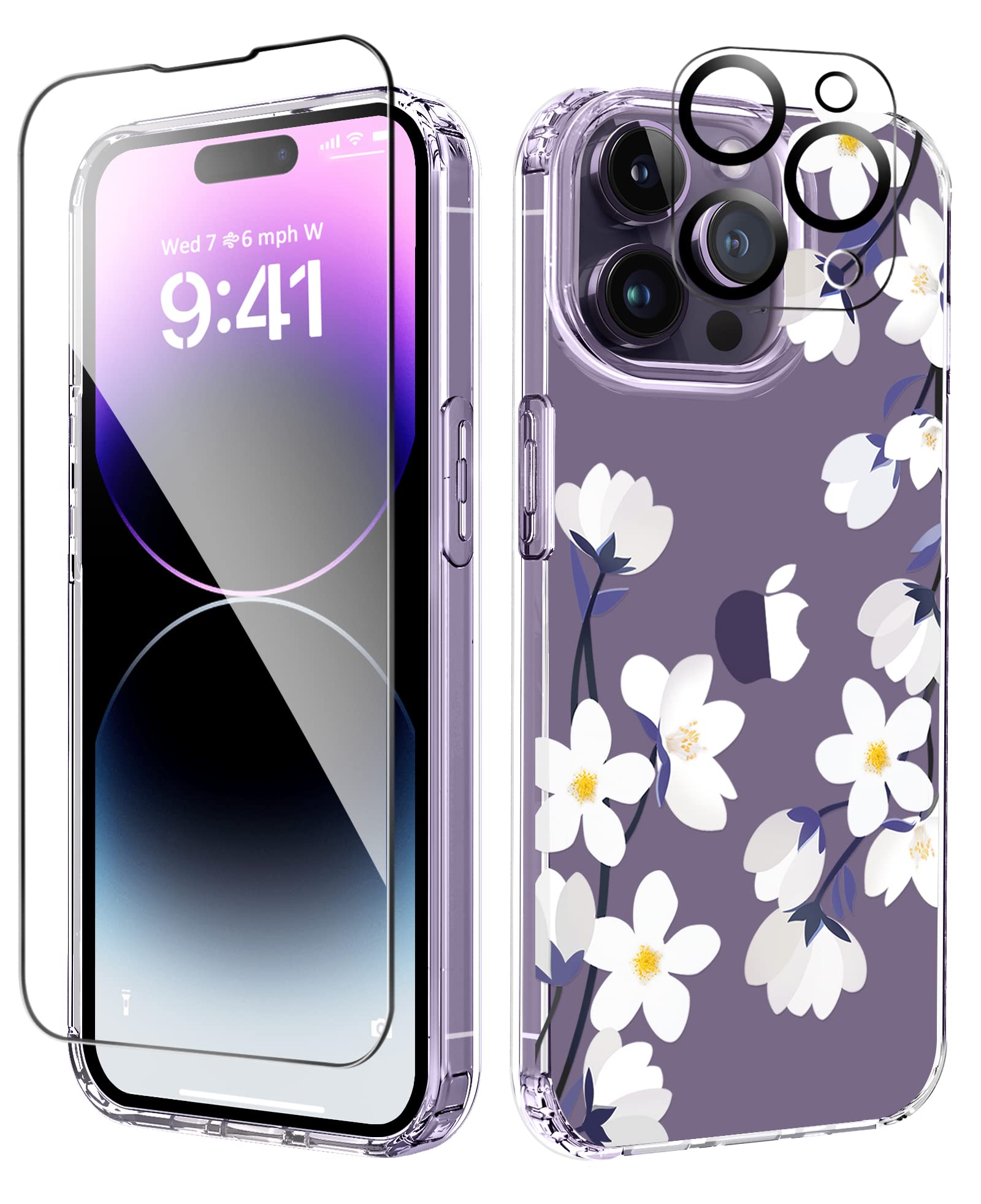 MIODIK Compatible with iPhone 14 Pro Case with Screen Protector + Camera Lens Protector, [Anti-Yellow] Clear Floral Phone Case, Protective Shockproof Cover for Women Girls 6.1 Inch - Alyssum/White