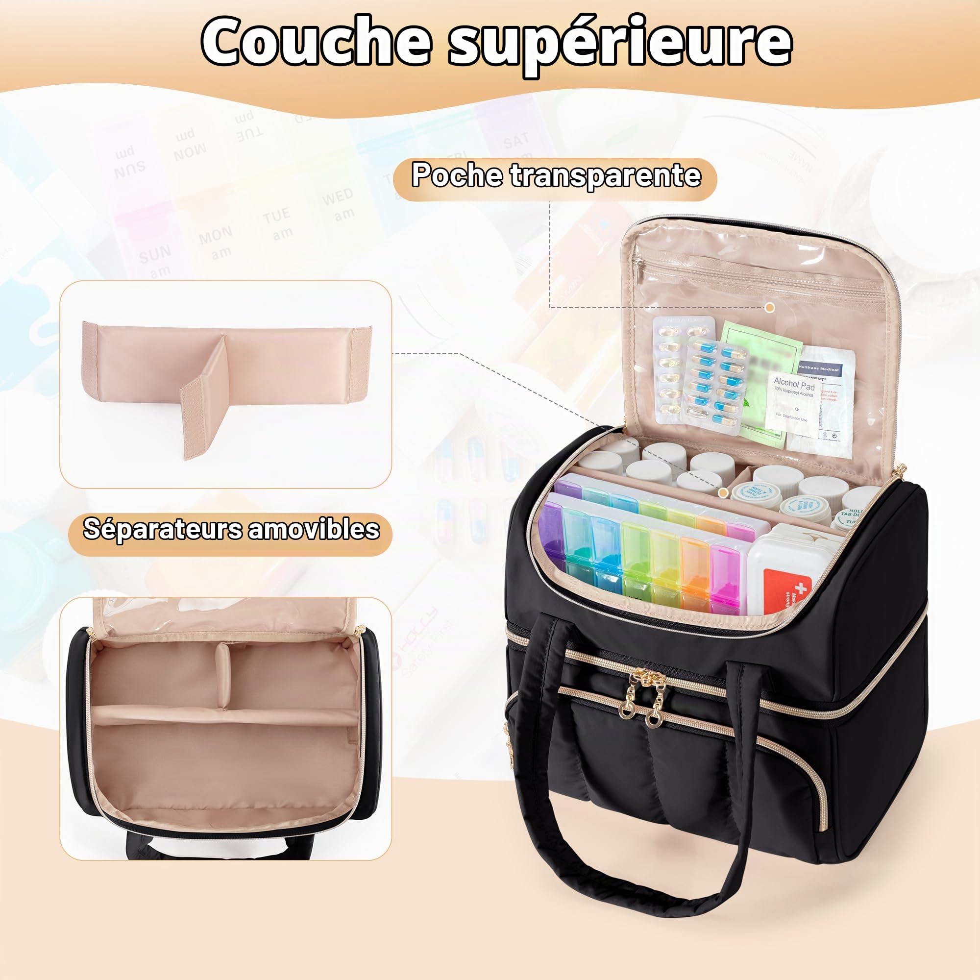 Damero Sac Médical, étui de Rangement pour Flacons de Médicaments Double Couche, Organisateur Verrouillable avec Séparateurs Amovibles pour Médicaments ou Suppléments Médicaux, Noir