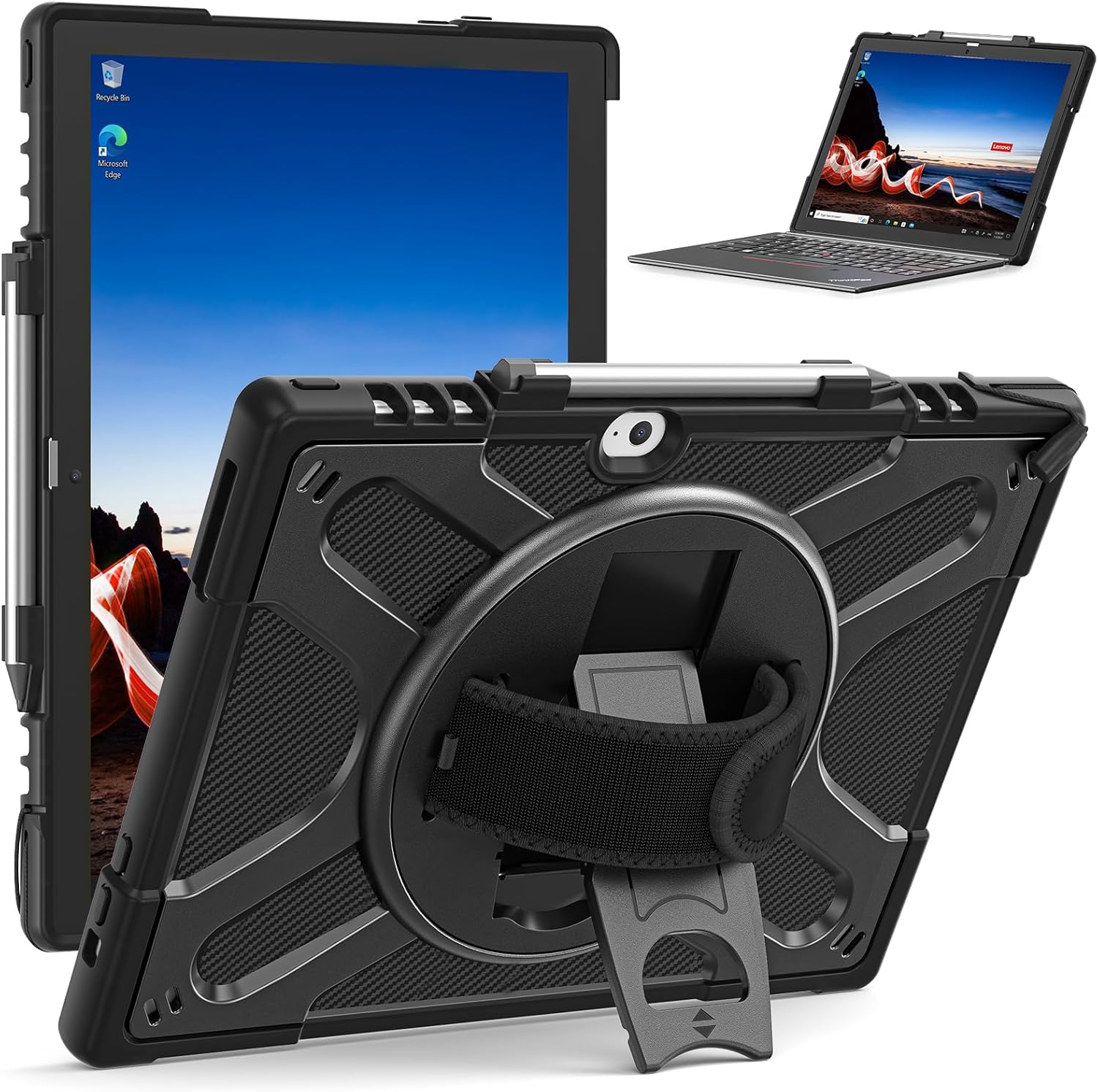 Junfire Protective Case for Lenovo Thinkpad X12 12-inch, Shockproof Case for Lenovo Thinkpad X12 Gen2 with [360°Rotating Kickstand]&[Hand Strap], Compatible with Detachable Keyboard-Black