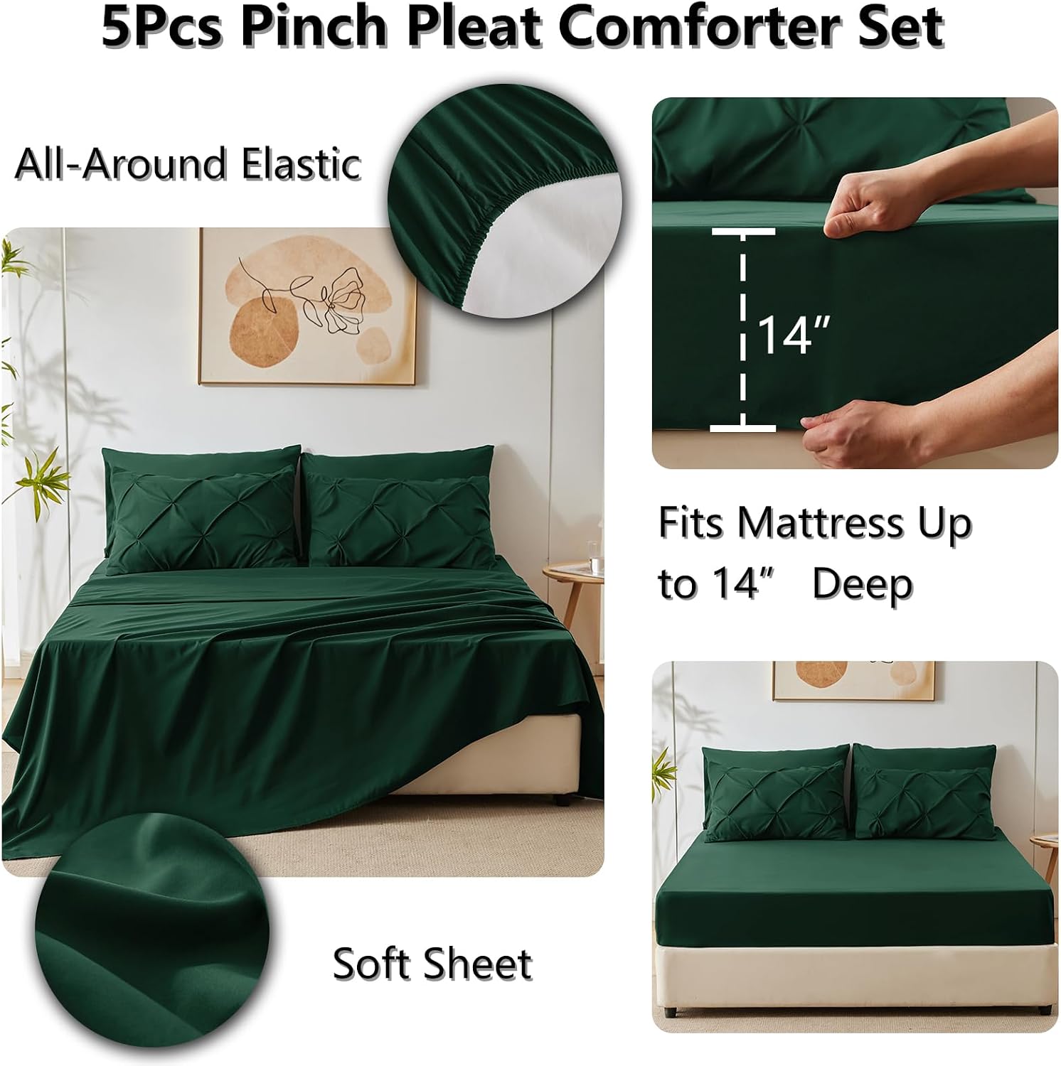 CozyLux Twin Comforter Set with Sheets Emerald Green, 5 Pieces Pintuck Bed in A Bag, All Season Bed Set Gift for Girls and Boys, Pinch Pleat Bedding Set with Comforter, Sheets, Pillowcase & Sham thumbnail