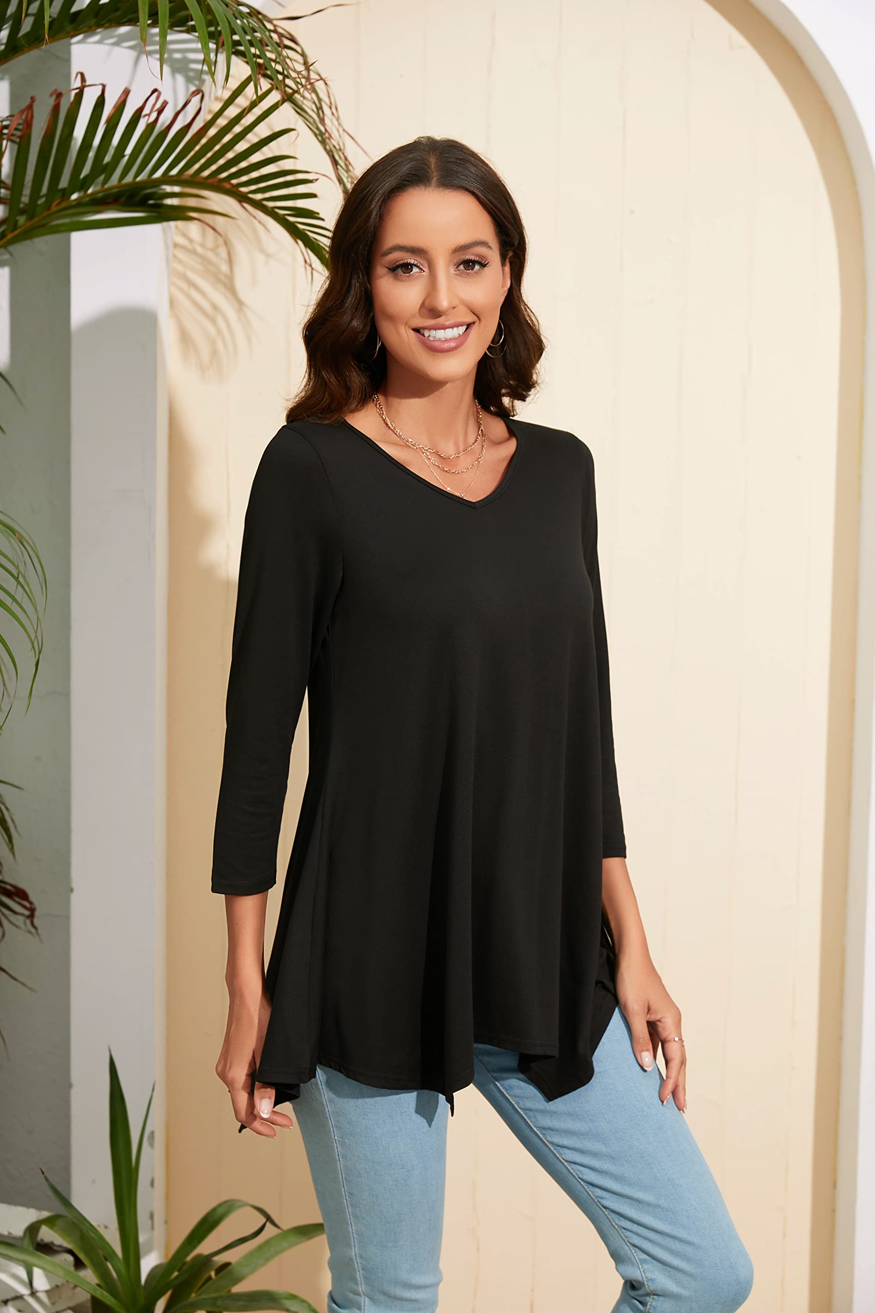 Enmain Maglietta Donna Tunica Scollo V Maniche a 3/4 Top Maglia Manica Lunga Taglie Forti Magliette Donna Tinta Unita Elegant Lungo Camicetta con Stampata