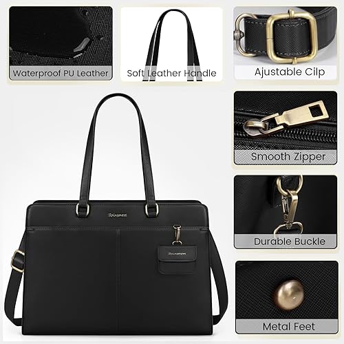 Miniatura 6 de Bolso para laptop RAINSMORE para mujeres, de 15.6 pulgadas, tote de trabajo, impermeable, de cuero, maletín profesional para computadora portátil
