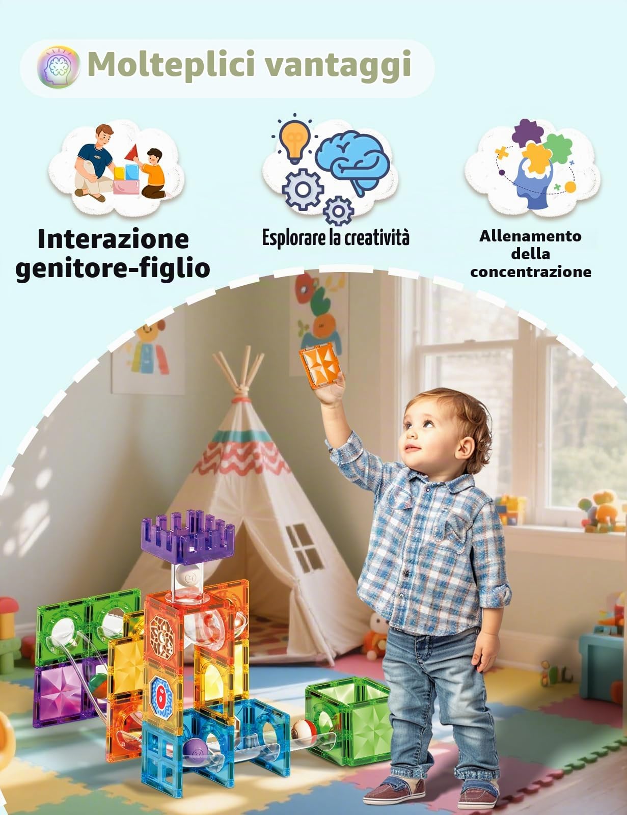 Roxenda 101 Pcs Blocchi Magnetico Educativi per Bambini 3+ Anni – Giocattoli da Costruzione Montessori con Piastrelle Magnetiche per Ragazzi e Ragazze-101 pz