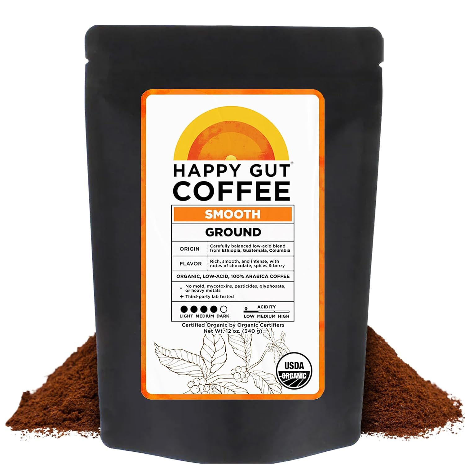 Happy Gut Coffee - Doctor-Formulated, Organic Medium-to-Dark Roast Coffee with Gut-Friendly Benefits - Gentle on Stomach - Rich Flavor, Gluten-Free, No Bitterness - 12oz - SMOOTH - Ground