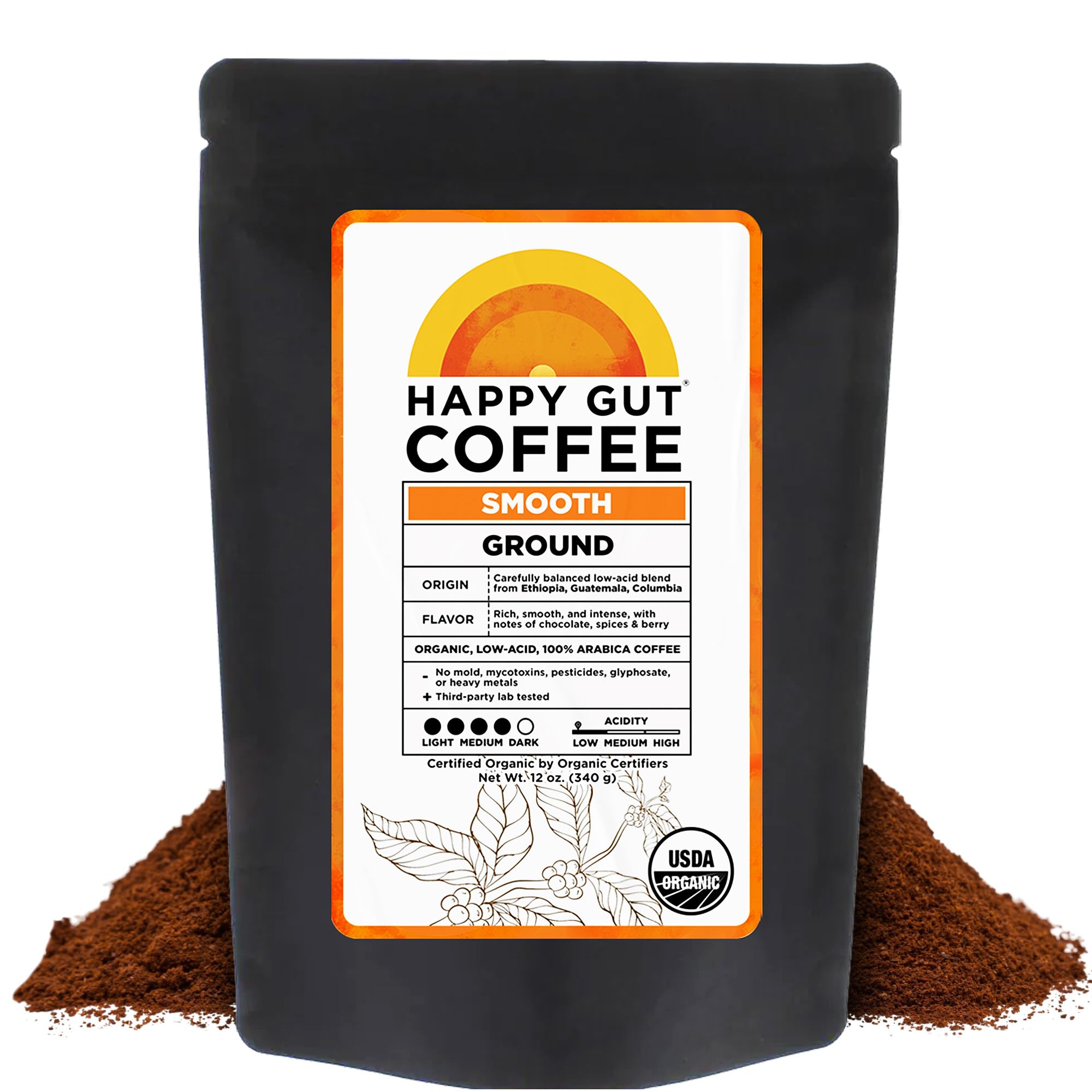 Happy Gut Coffee - Doctor-Formulated, Organic Medium-to-Dark Roast Coffee with Gut-Friendly Benefits - Gentle on Stomach - Rich Flavor, Gluten-Free,