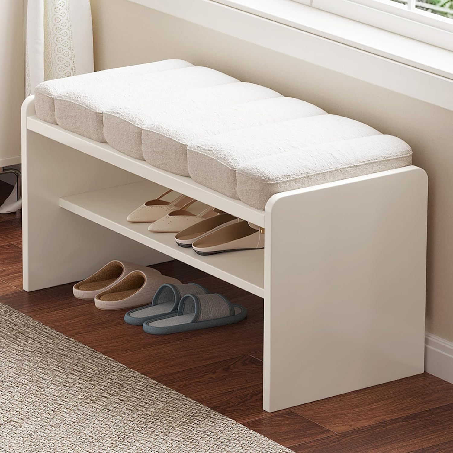Modern Shoe Bench with Storage, Shoe Rack with Cushion Upholstered Fabric Shoes Changing Stool with 2 Tier Storage Space for Entryway Living Room End of Bed Bedroom, Cream White