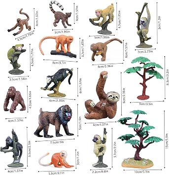 16 Piece Monkey Set Realistic Primate Mandrill Lemur Gorilla Sloth with Trees for Kids Education, Birthday Decoration & School Projects