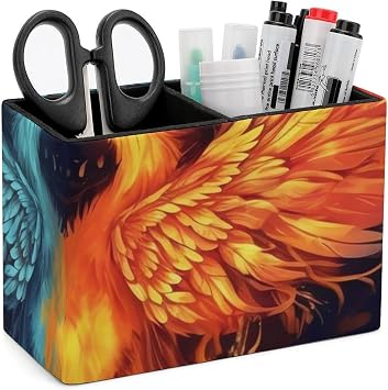 Leather Pen Holder for Desk Organizer Fire And Water Phoenix Pencil Holder 2 Slots Cute Pencil Cup Decorative Makeup Brush Holder Cup Office Pen Cup Desk Accessories Pen Organizer