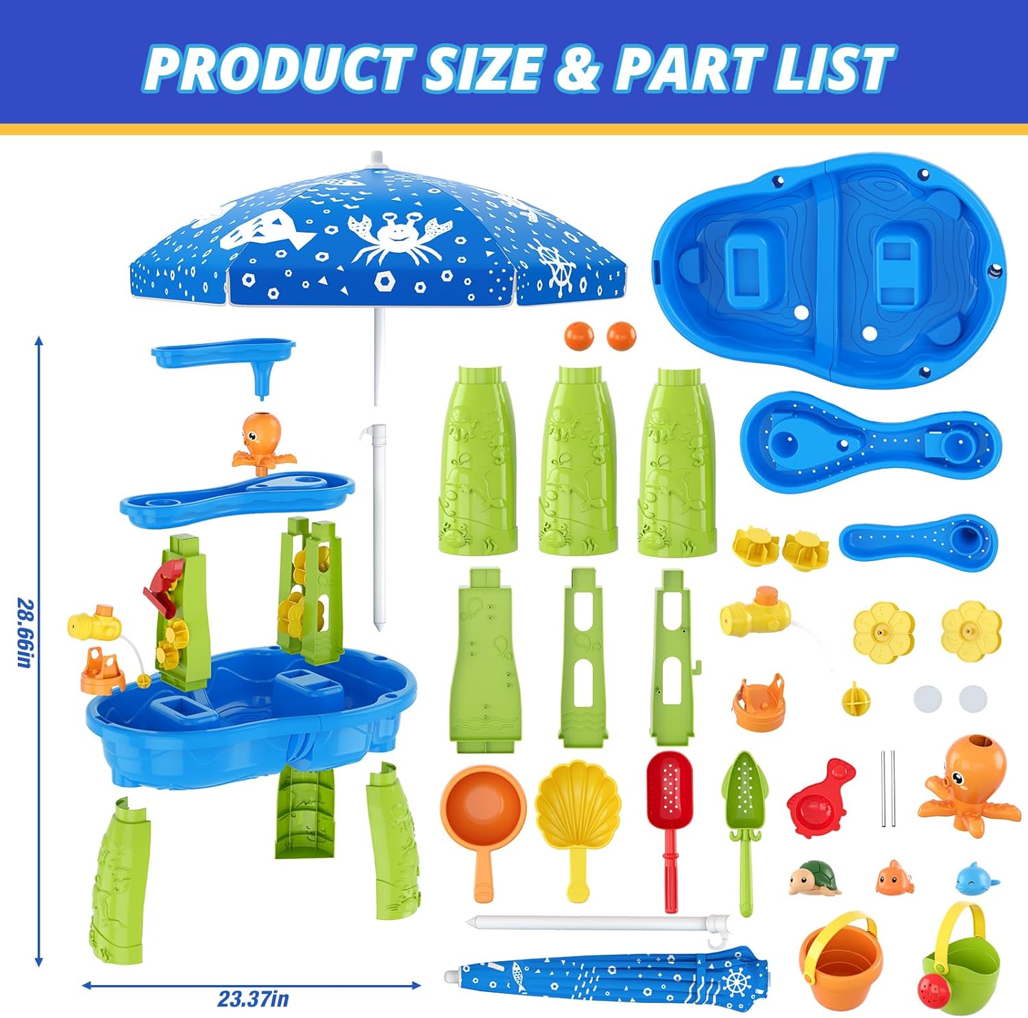 3-Tier Water Table for Toddlers, Kids Sand Water Table with Adjustable Umbrella, Sand Toys & Fishing Game, Sensory Table Activity Playset for Outdoor Beach, Summer Toys for Boys Girls 3-5