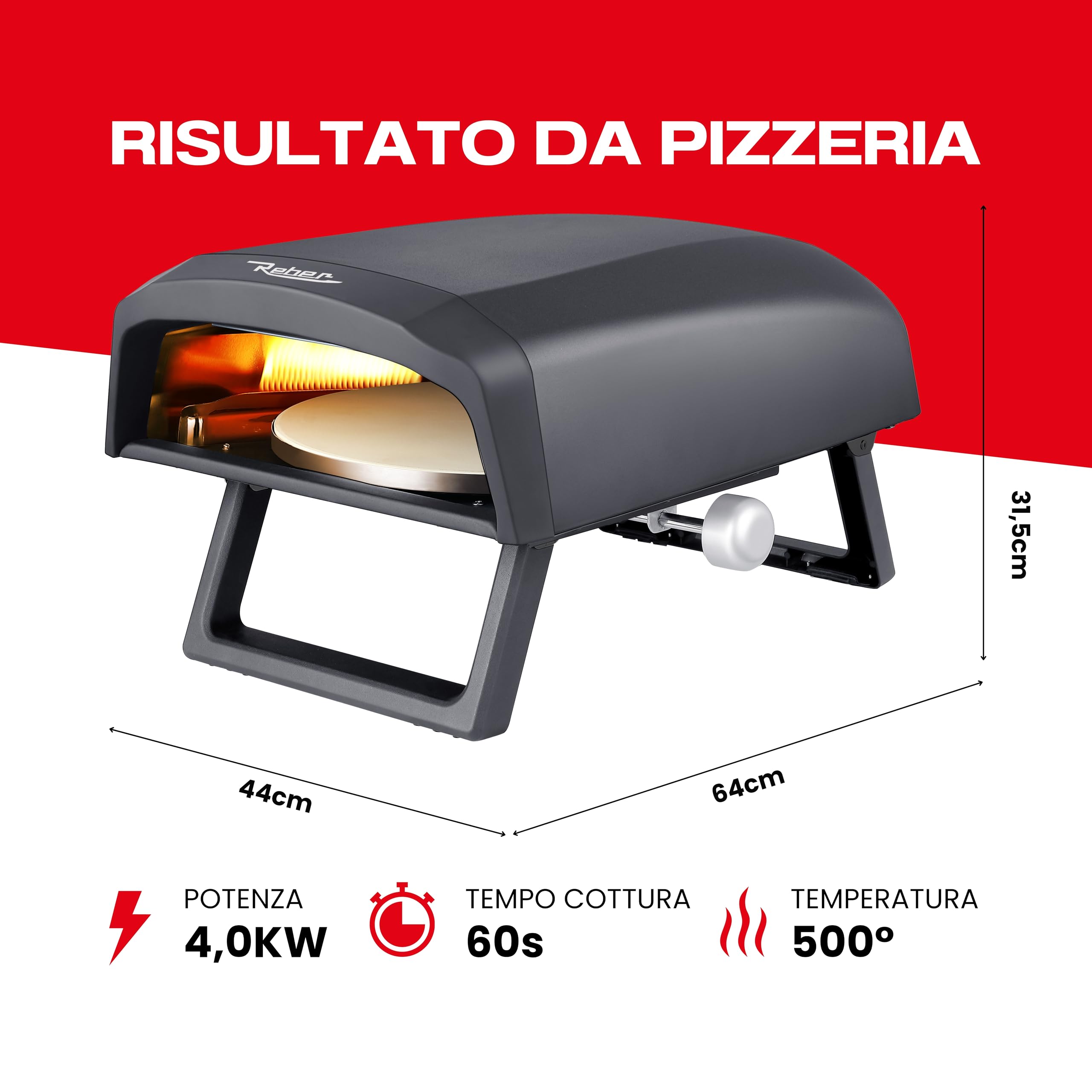 PizzaReber Forno Pizza a Gas con Piatto Rotante 32 cm – Doppio Bruciatore GPL, Acciaio INOX, Alluminio – Cottura 500°