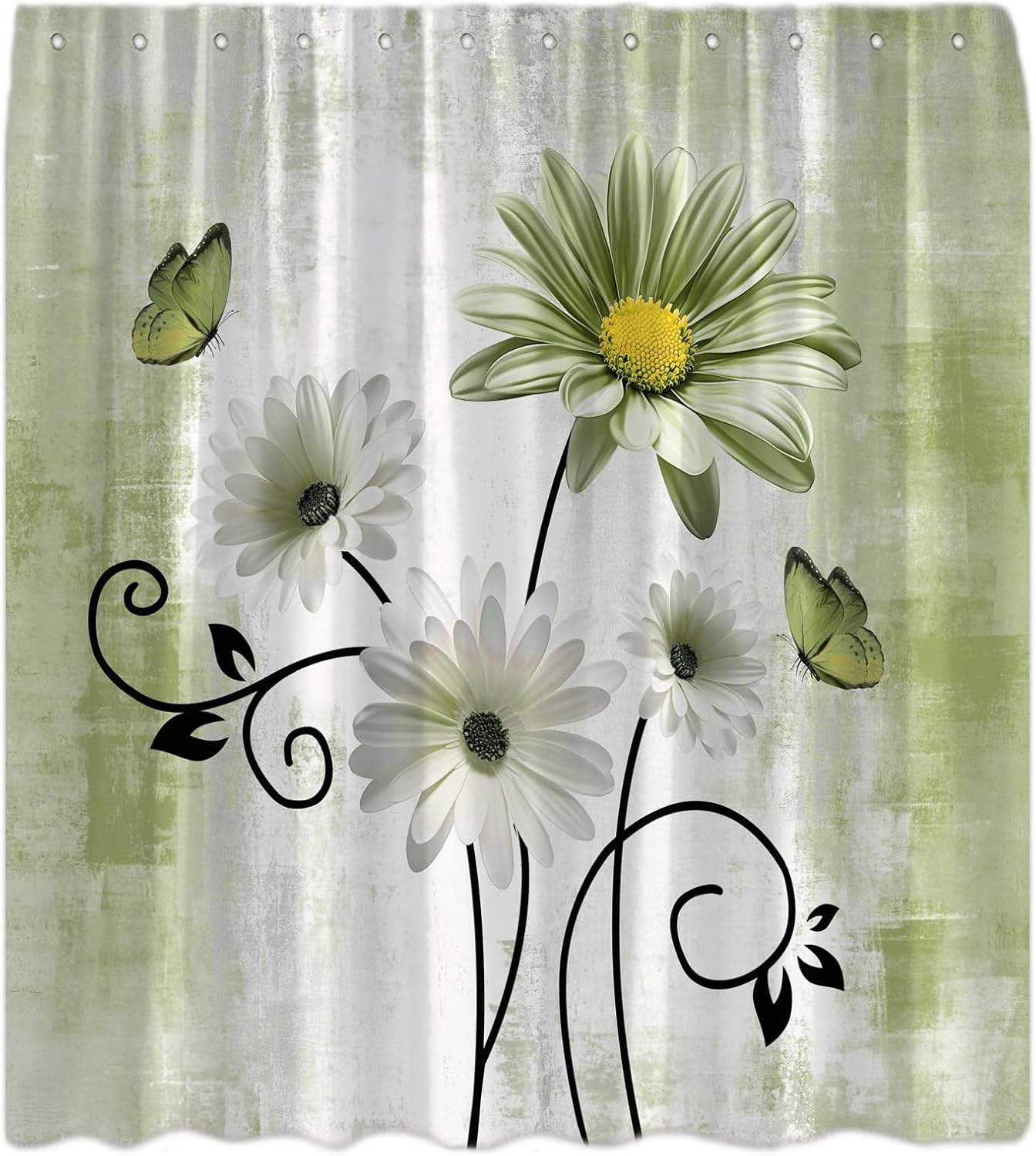 Rustic Farmhouse Shower Curtain Sage Green Daisy Floral Flowers and Butterfly Country Abstract Art Bath Curtain with Hooks