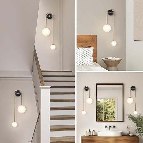 Miniatura 7 de Aplique de pared de cristal con forma de globo, 2 luces doradas, modernas, de latón cepillado, lámpara de pared de mediados de siglo con pantalla de