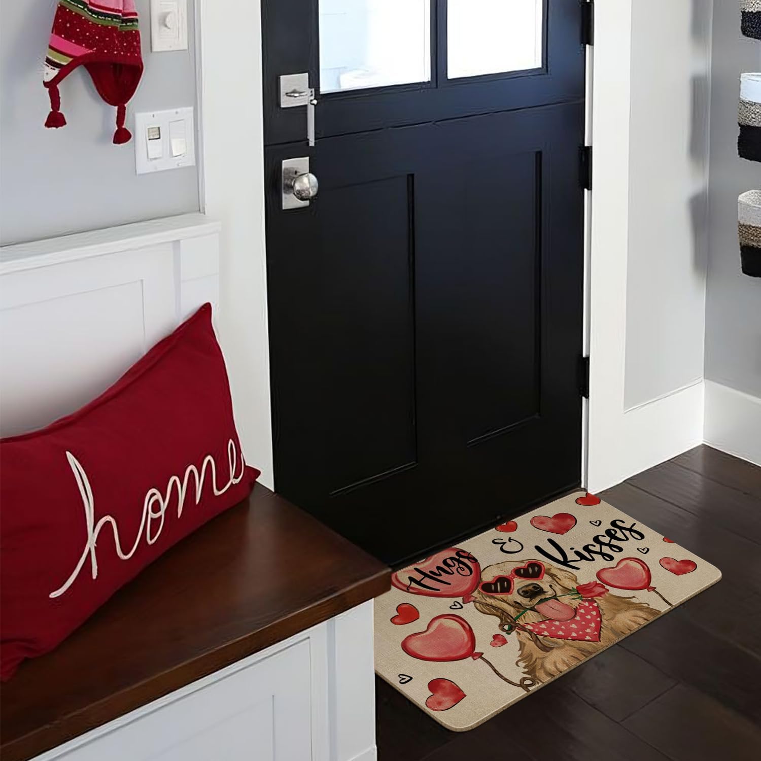 Faptoena Valentines Door Mat,Valentines Hearts Golden Retriever Hugs Kisses Indoor Outdoor Non-Slip Valentine Doormat,Entryway Front Porch Valentine's Welcome Mat for Entrance Decor 30" x 17"