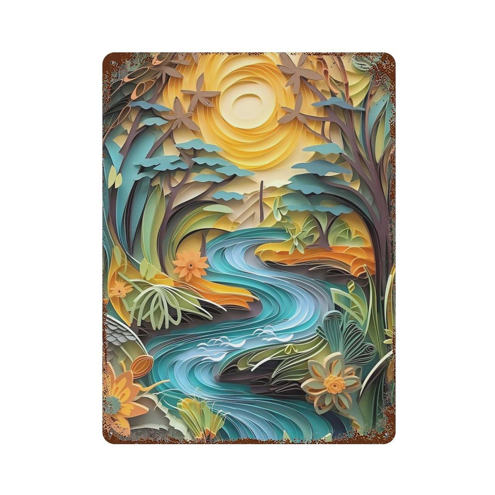 Sun over The River Distressed Metal Wall Sign 15.7"x11.8", for Garage, Bar And Workshop Decor, Decorative Metal Wall Art
