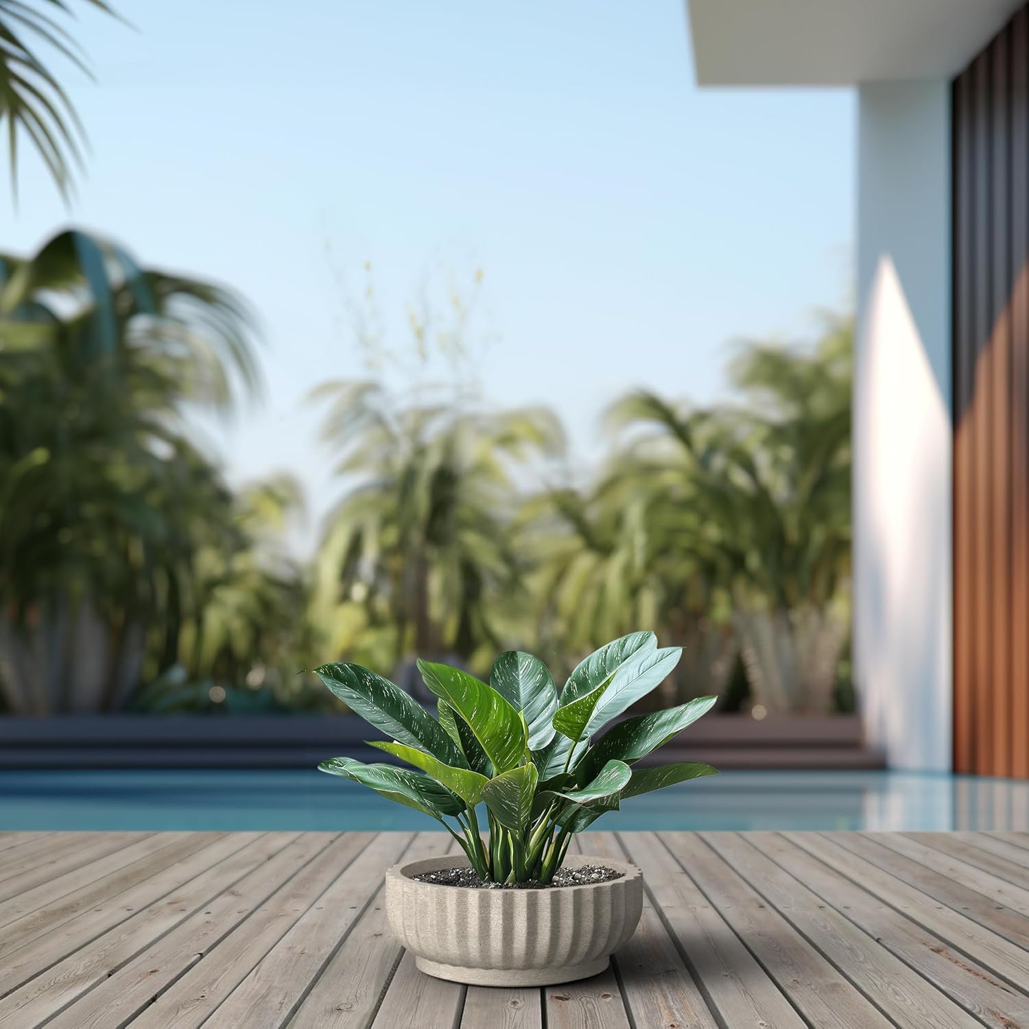 Kante Round Fluted Bowl Planter, 14.6 Inch Dia Large Concrete Flower Pots with Drainage Hole, Suitable for Indoor Outdoor Plants, Weathered Concrete Finish with Painted Interior