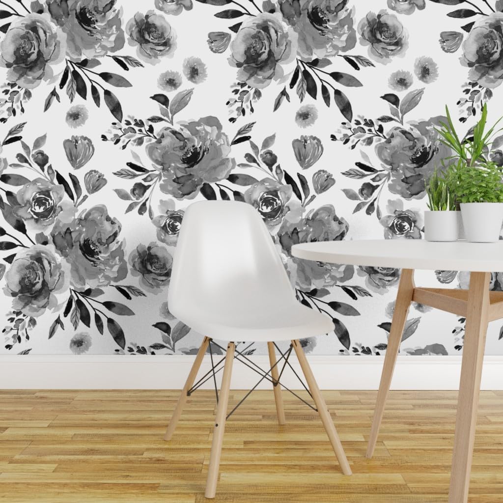 Removable Wallpaper 6ft x 2ft - Farmhouse Field Florals Black White Farm House Bloom Custom Pre-Pasted Wallpaper by Spoonflower