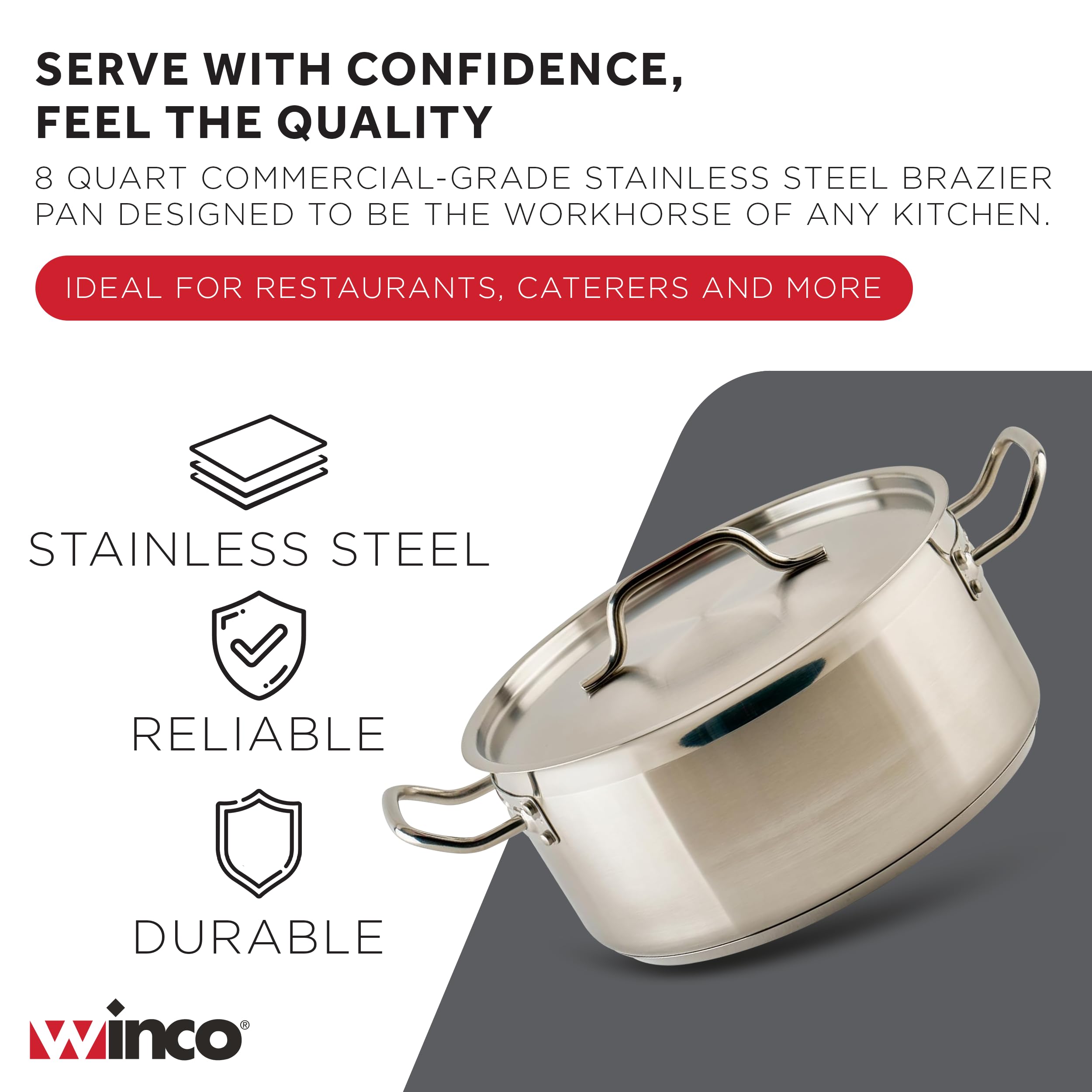 Winco 8qt Stainless Steel Brazier Pan with Lid -3 Winco 8qt Stainless Steel Brazier Pan with Lid -3
