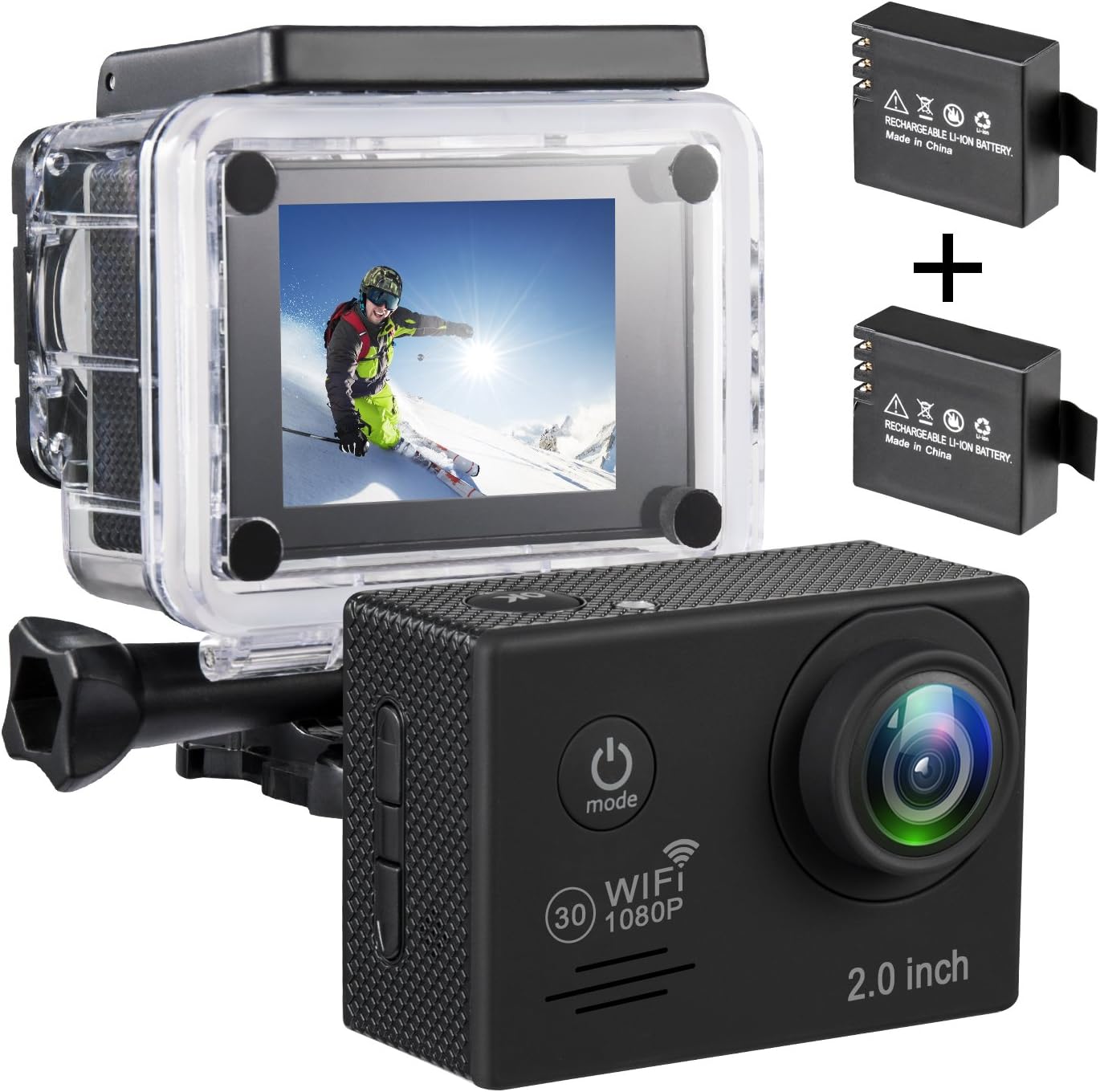 1080P WiFi Sports Action Camera Ultra HD Waterproof DV Camcorder 12MP Wide Angle with 2 Batteries