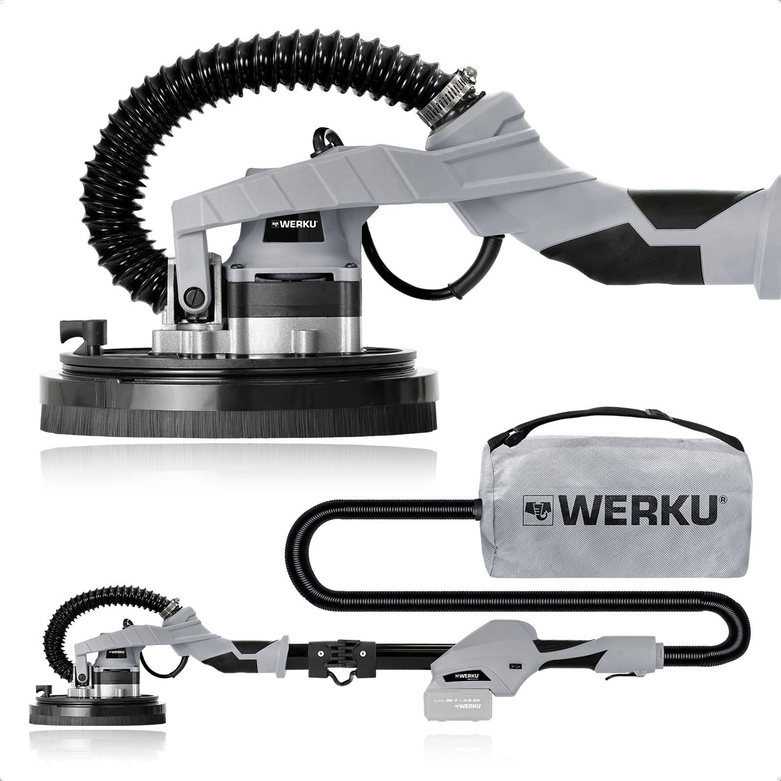 Werku WK403430, Lijadora Circular Paredes-Techos Inalámbrica, Calidad Profesional, Potencia 20 V, Disco 225 mm, Incluye Disco Lijado y Manguera Aspiración, No Incluye Batería y Cargador