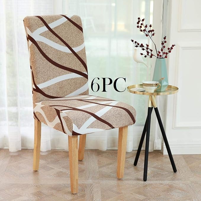 Lukzer 6PC Elastic Stretchable Dining Chair Cover Universal Protective Slipcover (Beige Lining Design / 6Covers), Polyester