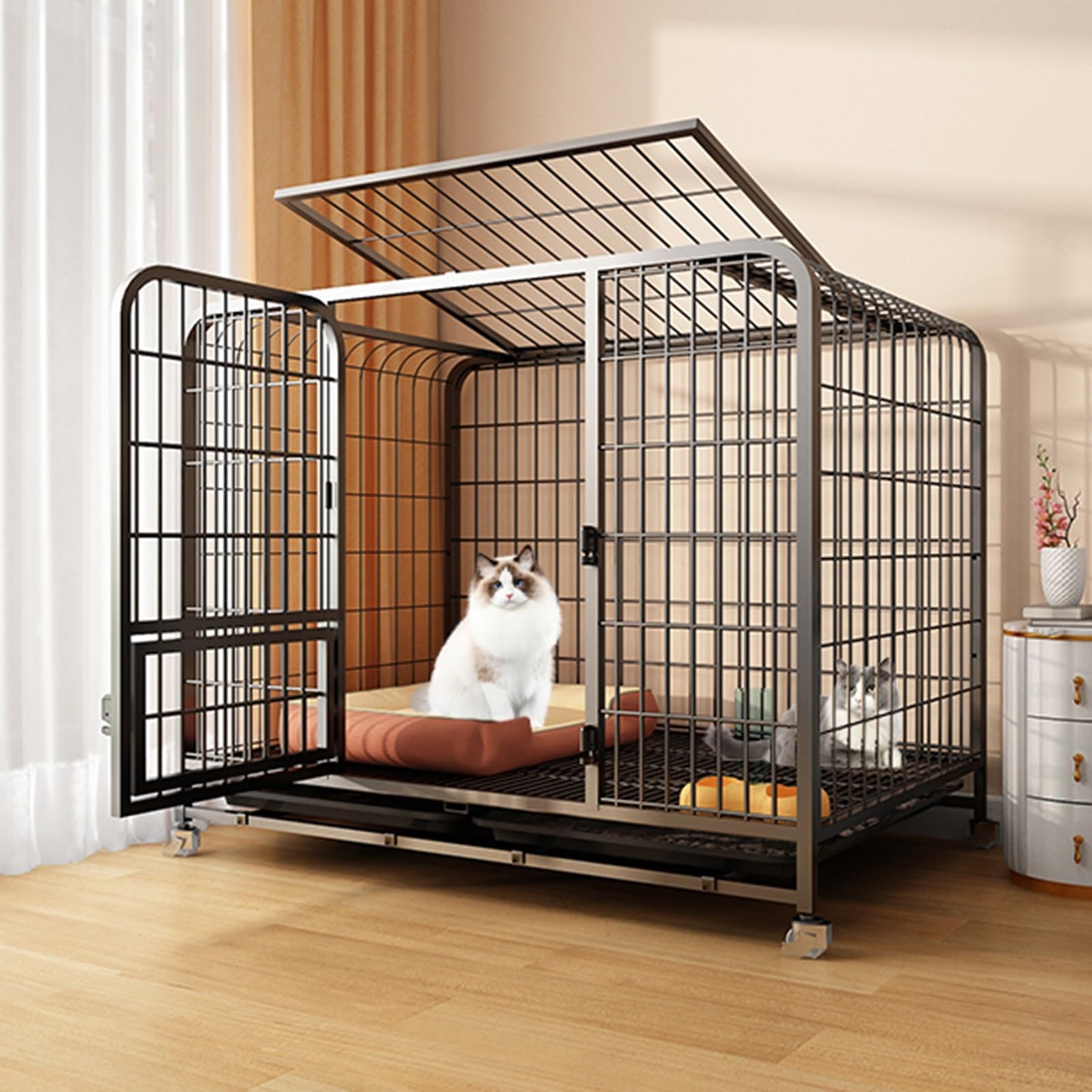 Harela Black Outdoor Cat House Cat Cages Enclosure, Large Cat Catio, Outdoor Cat Enclosure On Wheels And Pull-Out Tray, With Super Large Entry Door, For Happy Feline Friends(,61 * 45 * 58Cm)