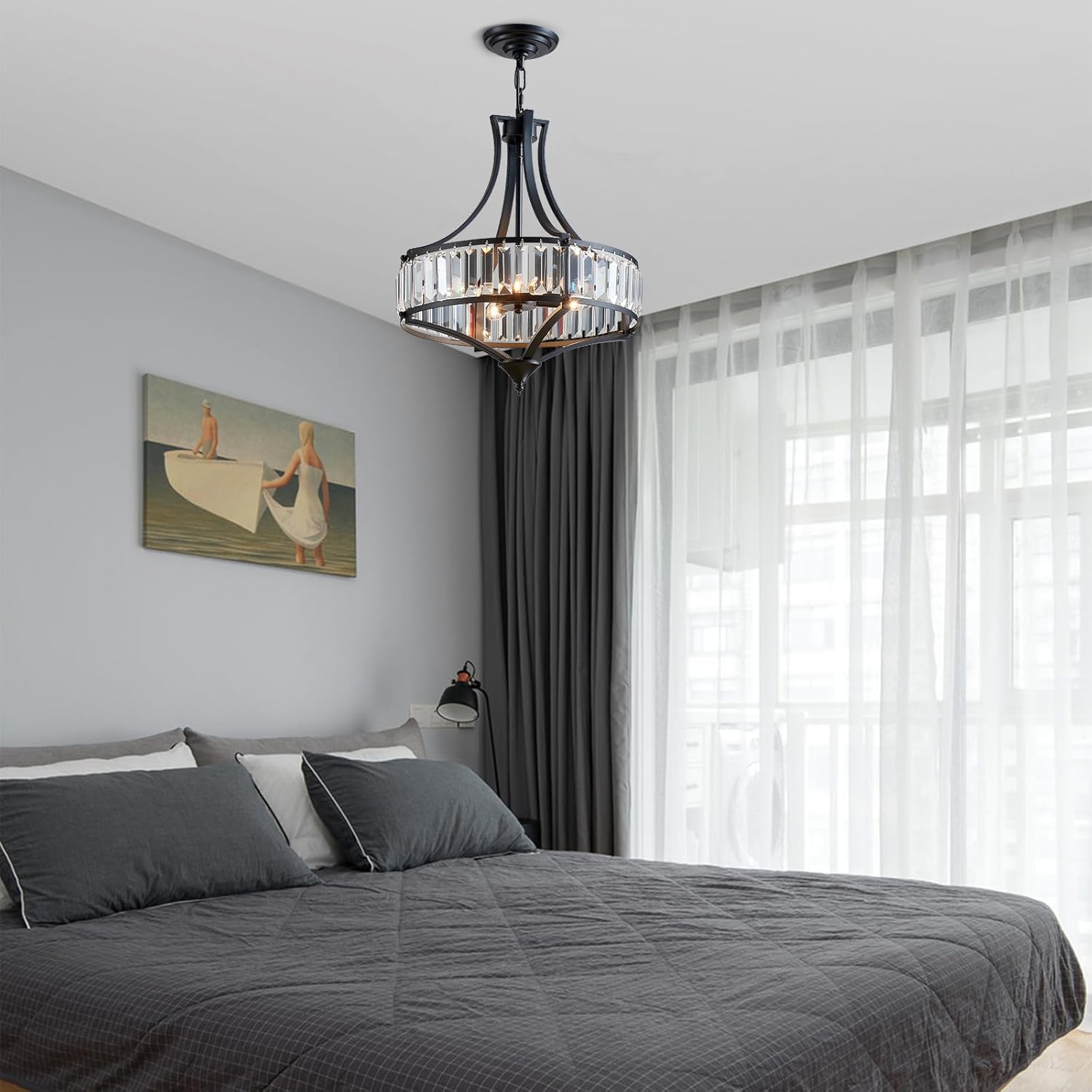 Crystal Chandeliers for Dining Room, Round Rustic Farmhouse Chandelier, Metal Shade, 4-Light Modern Chandelier for Hallway, Bedroom, Foyer Black