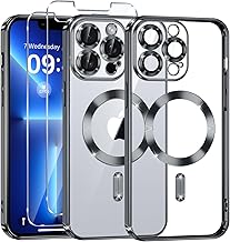 Phoona Magnetic Case for iPhone 13 Pro Max with 2 Pieces Tempered Glass, Compatible with MagSafe Military Protection Scratch Resistant Shock Resistant Slim Transparent Black