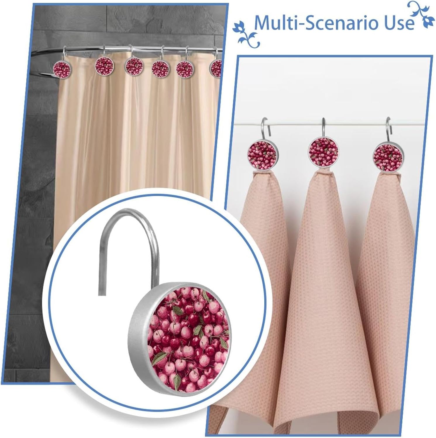 12PCS Pink Cherry Patter (1) Shower Curtain Hooks Metal Rust Resistant Decorative Shower Curtain Hooks Bathroom Decorations