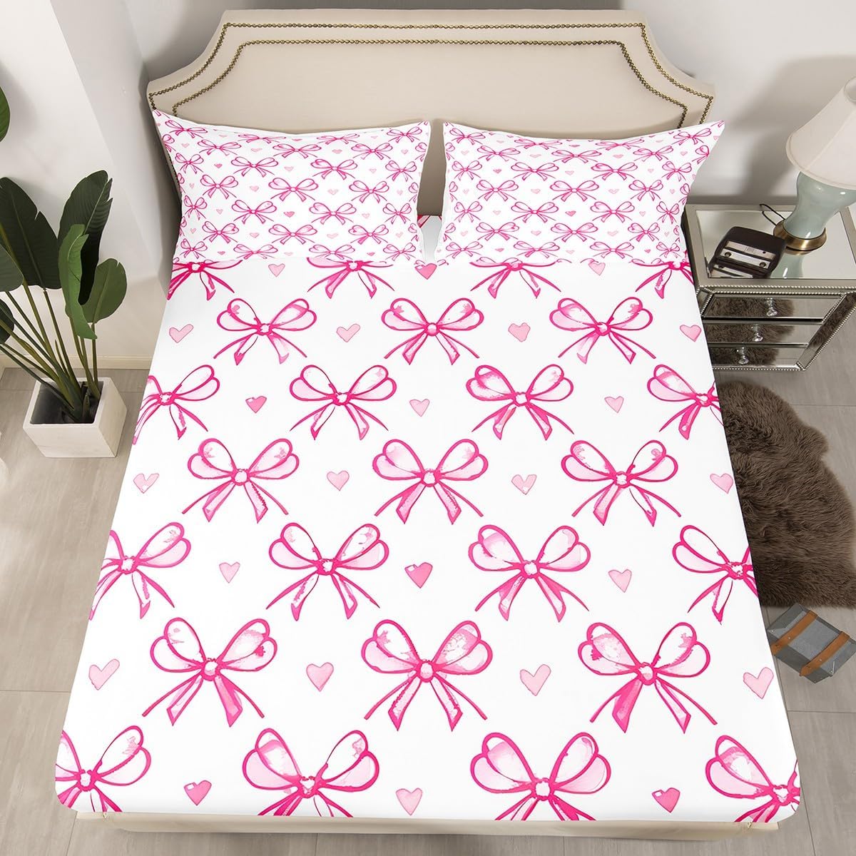 Pink Bow Girlish Kids Sheet Full Size,Bowknot Love Heart Hand Paint Cute Bedding Set,Girls Women Room Decor,Princess Style Bow Tie Girly Romantic Bed Sheet Set 4pcs(Fitted + Flat + 2 Pillowcases)