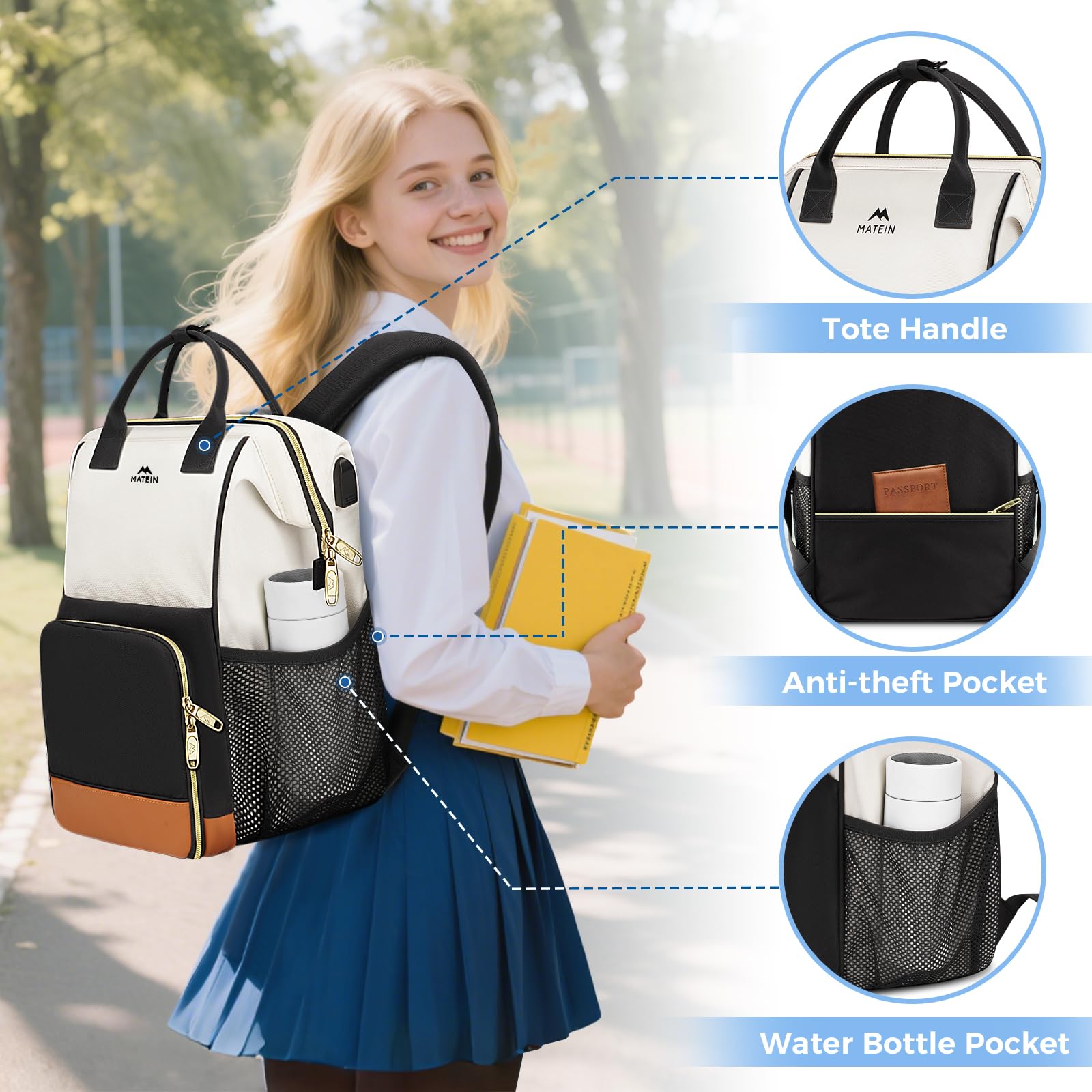 Mochila de almuerzo aislada para mujer, mochila de trabajo para laptop de 15.6 pulgadas con puerto de carga USB, mochilas para computadora universitaria resistente al agua, bolsa de almuerzo 8