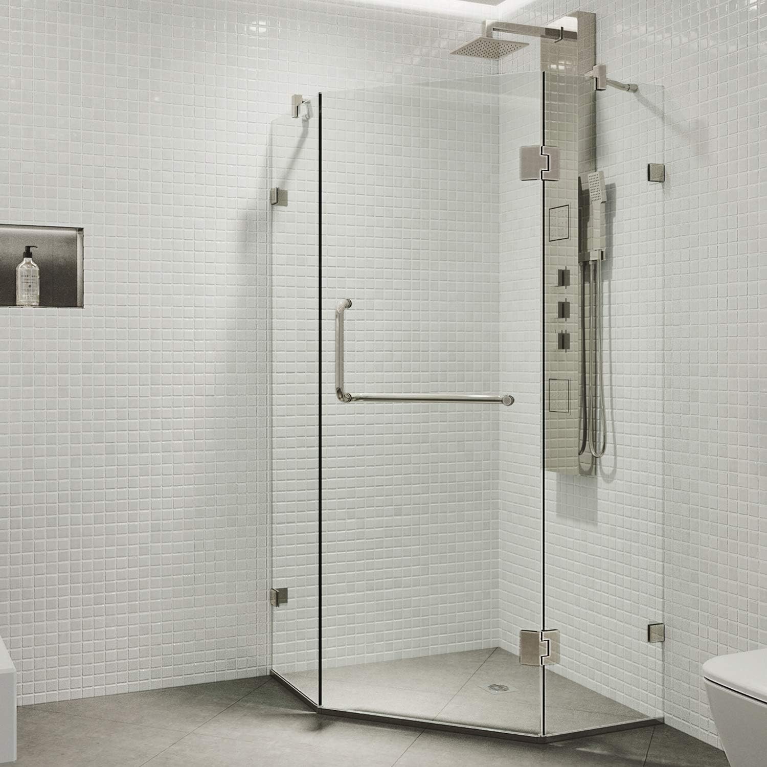 VIGO Piedmont 36 in. L x 36 in. W x 73 in. H Frameless Hinged Neo-angle Shower Enclosure in Brushed Nickel with Clear Glass-VG6062BNCL38