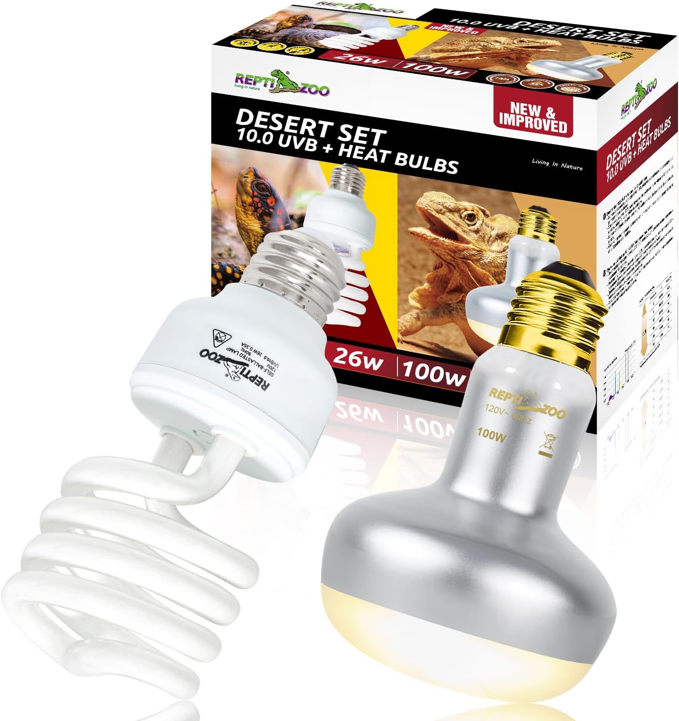 REPTIZOO 100W Reptile Heat Lamp Bulb and UVB 10.0 Reptile Light Combo Pack