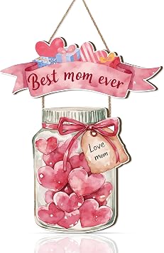 Happy Mothers Day Sign,Mothers Day Decoration,Gift for Mom Birthday,Best Mom Ever Wreath,Sweet Candy Pink Heart Hanging Decor for Grandma Woman Present,Pink Love Wall Decoration for Bedroom