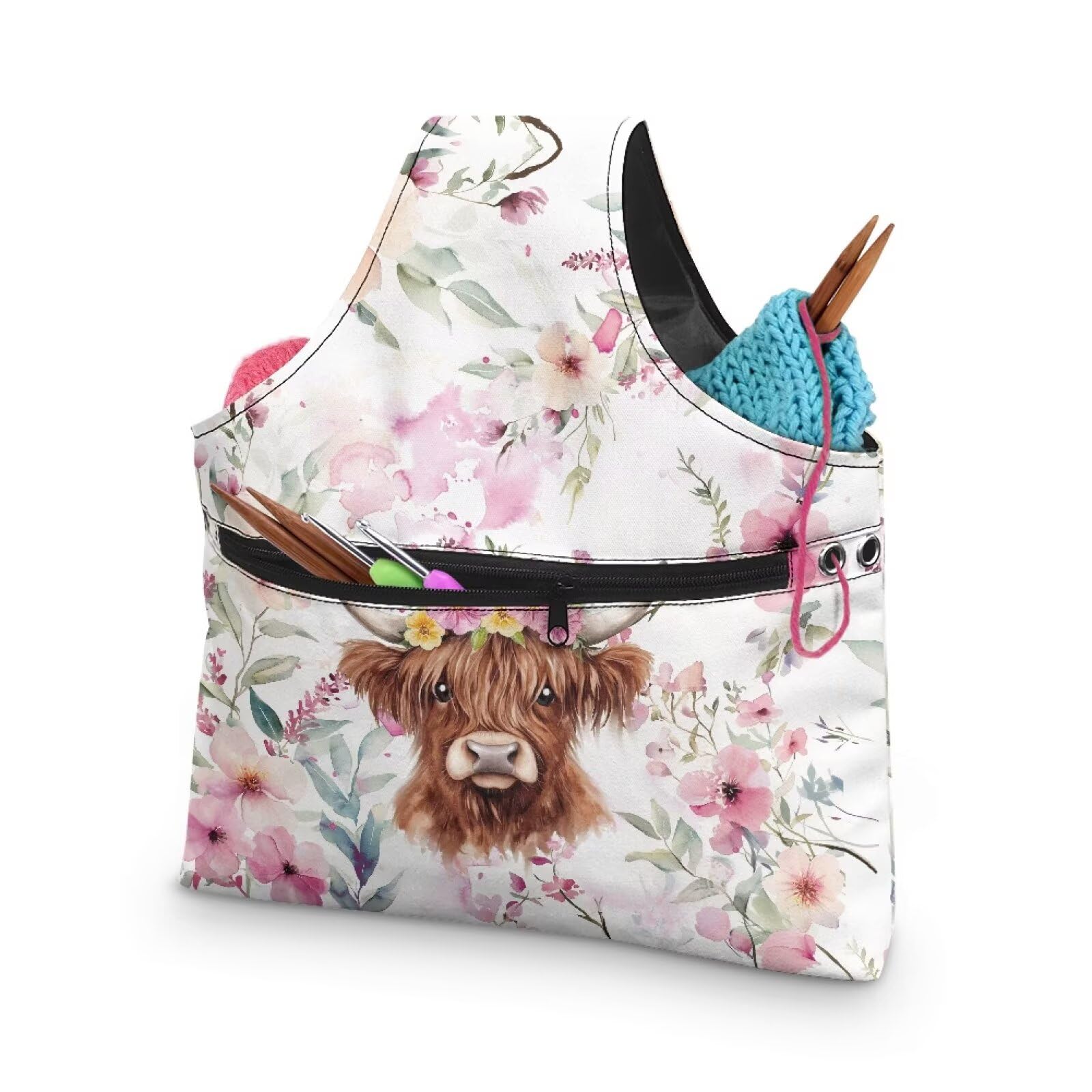ZUXONGSY Highland Cow Crochet Yarn Bag for Women Pink Floral Knitting Tote Bag for on The Go Travel Portable Knitting Project HanbBag for Crochet Hooks