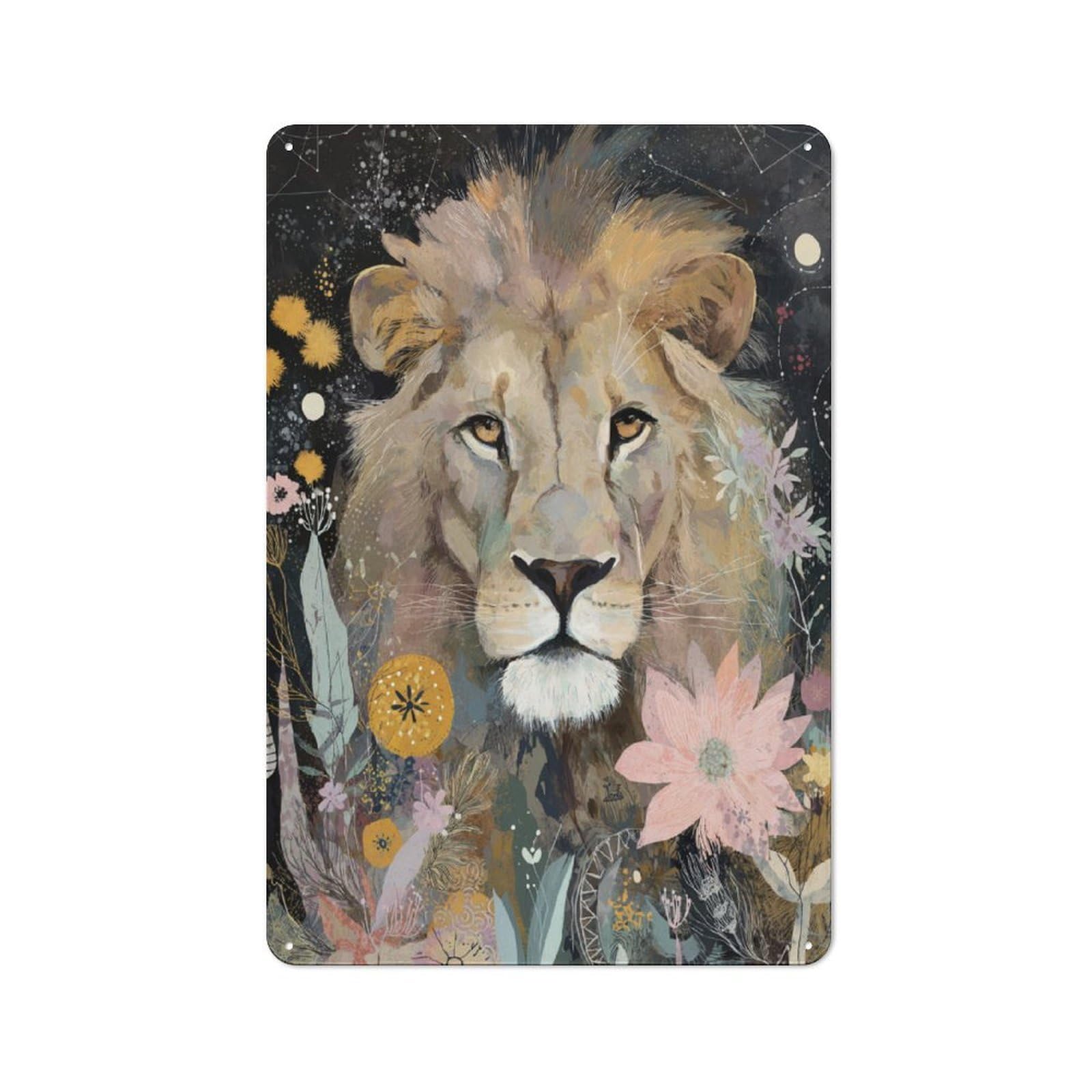 Junmoney Whimsical Lion With Flowers Rustic Tin Sign 30X20cm For Man Cave Or Games Room, Housewarming Present For People Styling Man Cave And Games Room