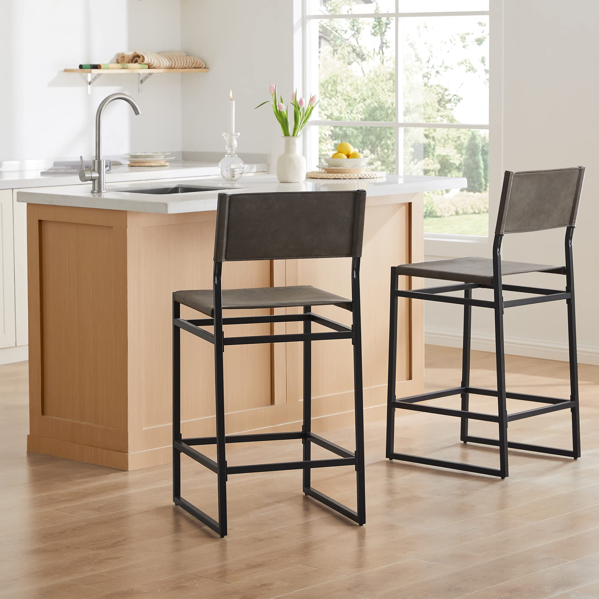Watson & Whitely Faux Leather Counter Height Bar Stools Set of 2, Sling Armless Kitchen Barstools with Back and Metal Frame, 24" H Seat Height Counter