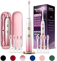 Wagner Stern WHITEN+ Edition. Escova de dentes elétrica branqueadora com sensor de pressão. Oferece 5 modos de escovação, 3 intensidades, 8 cabeças de escova macias e um estojo de viagem de luxo.