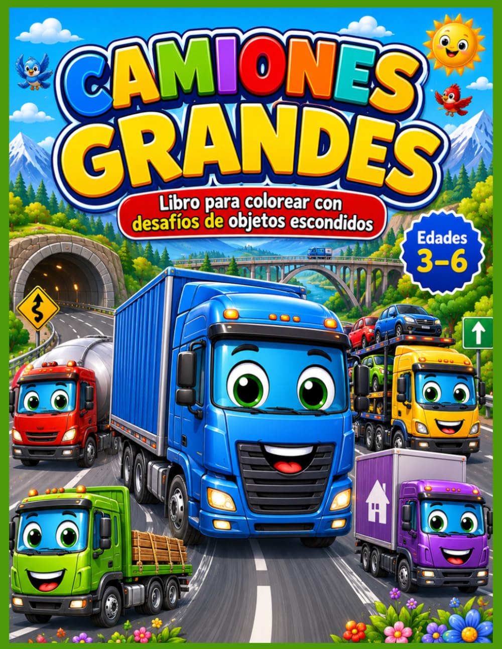 CAMIONES GRANDES: Libro para colorear con desafíos de objetos escondidos