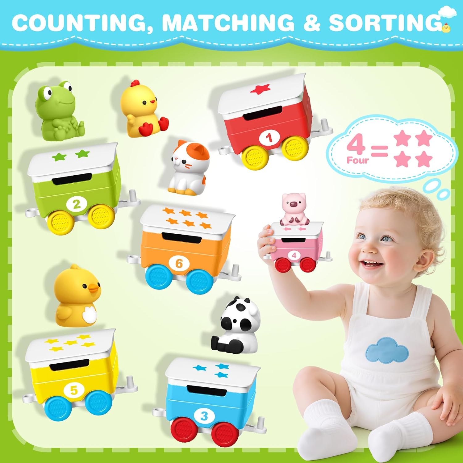 Learning Toy for Toddlers 1-3, Electric Toys Trains with Lights, Music & Steam, Counting, Matching & Sorting Montessori Toy with 6 Animal Finger Puppets, Birthday Xmas Gifts for Baby Boys Girls 12-18M