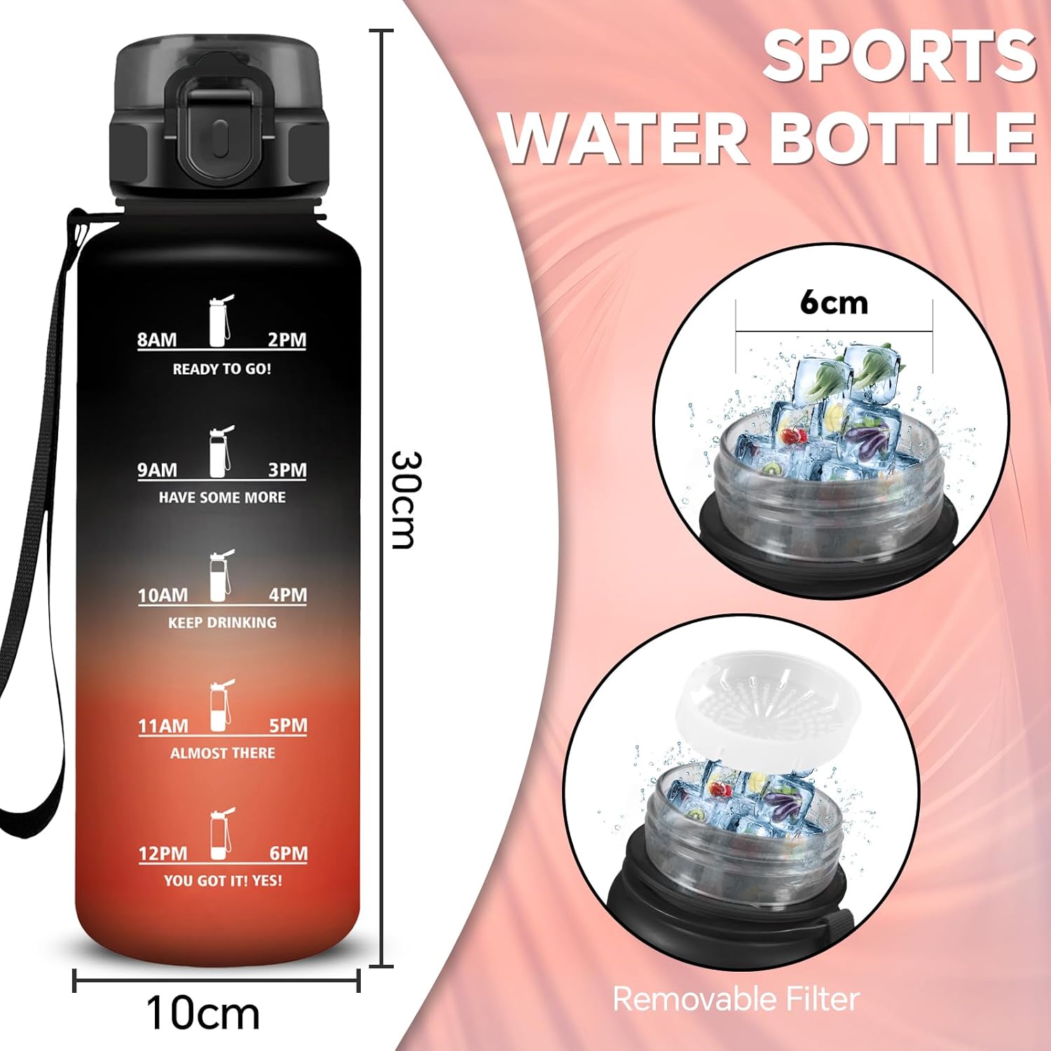 Grsta Drinking Bottle 1.5 L, Sports Water Bottle, Adult Drinking Bottle, Leak-Proof, Water Bottle with Time Marking, with Filter, Easy to Clean, Bottle for Fitness, School, Travel,