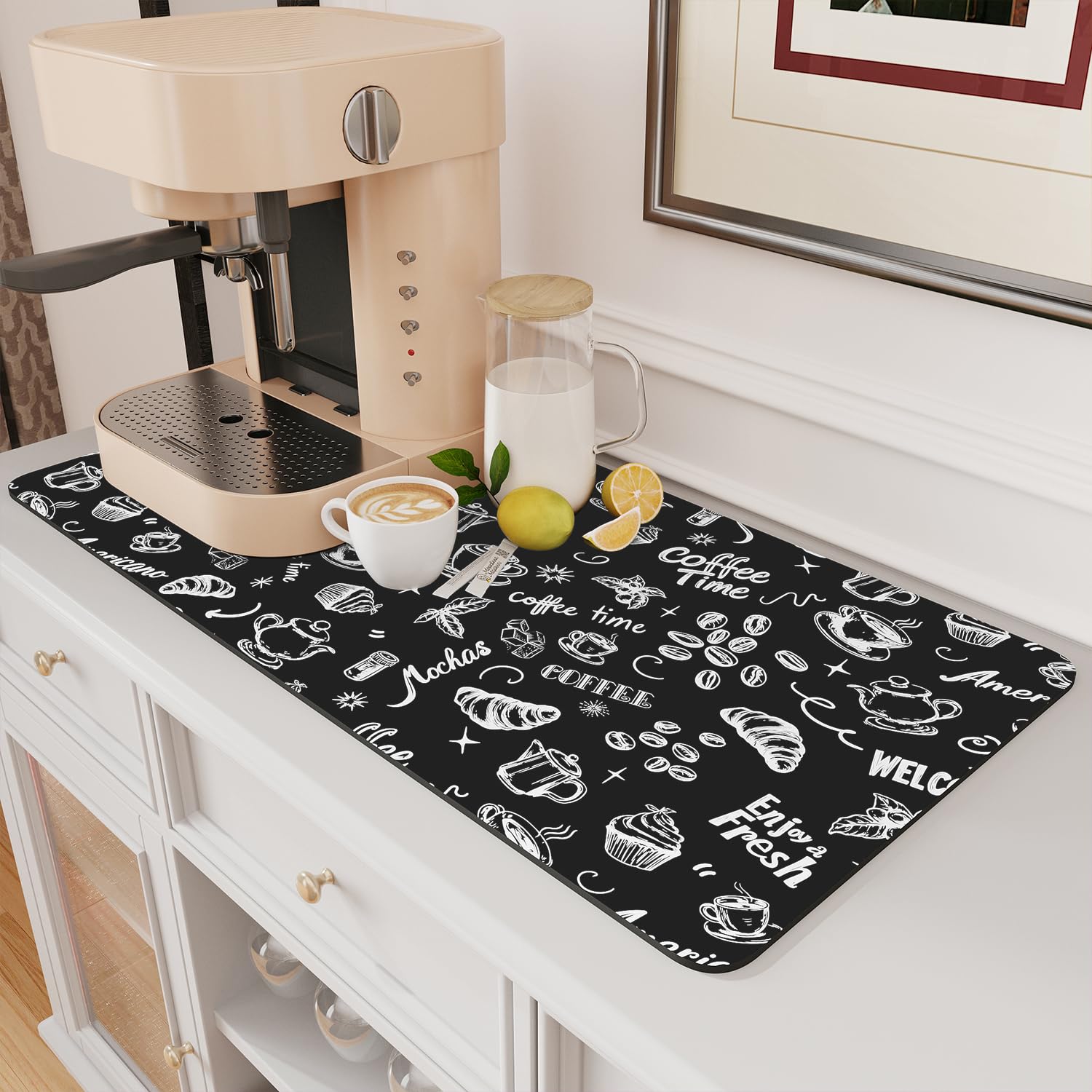 AMOAMI Tappetino da caffè con retro in gomma antimacchia, assorbente, per bancone della cucina, adatto sotto la macchina del caffè, beige, 43 x 80 cm