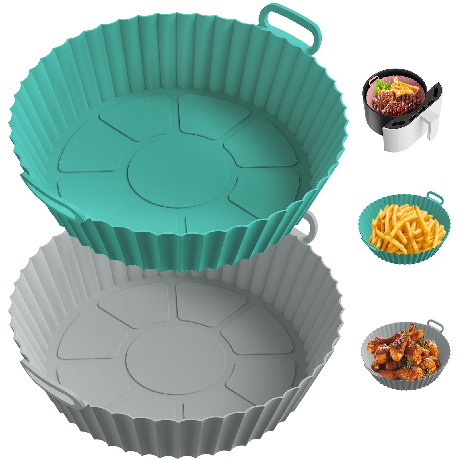 STLIAN Air Fryer Silicone Liners for 4 to 7 QT [2 Pack] Reusable Air Fryer Basket with Handles & Holes Light Grey + Teal Blue