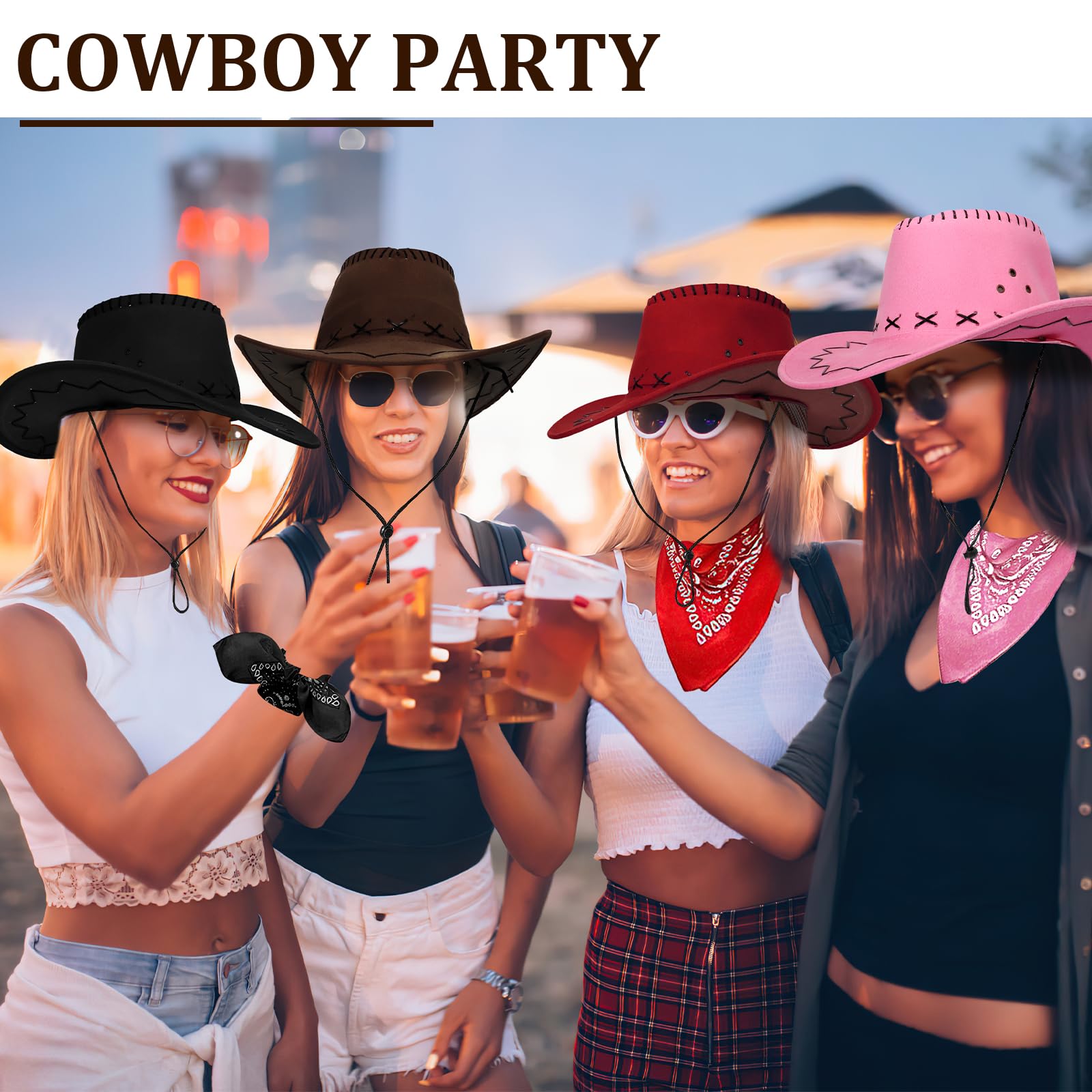 MALLOOM 10 Set Cappello da Cowboy e Bandana per Donne e Uomini, 10 Cappelli da Cowgirl Cowboy, 10 Bandane Western, Accessori per Costume Adulto per Festa a Tema