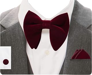 Mens Solid Plaid Velvet Pre-tied Adjustable Bow Tie and Pocket Square Cufflink Set with Gift Box