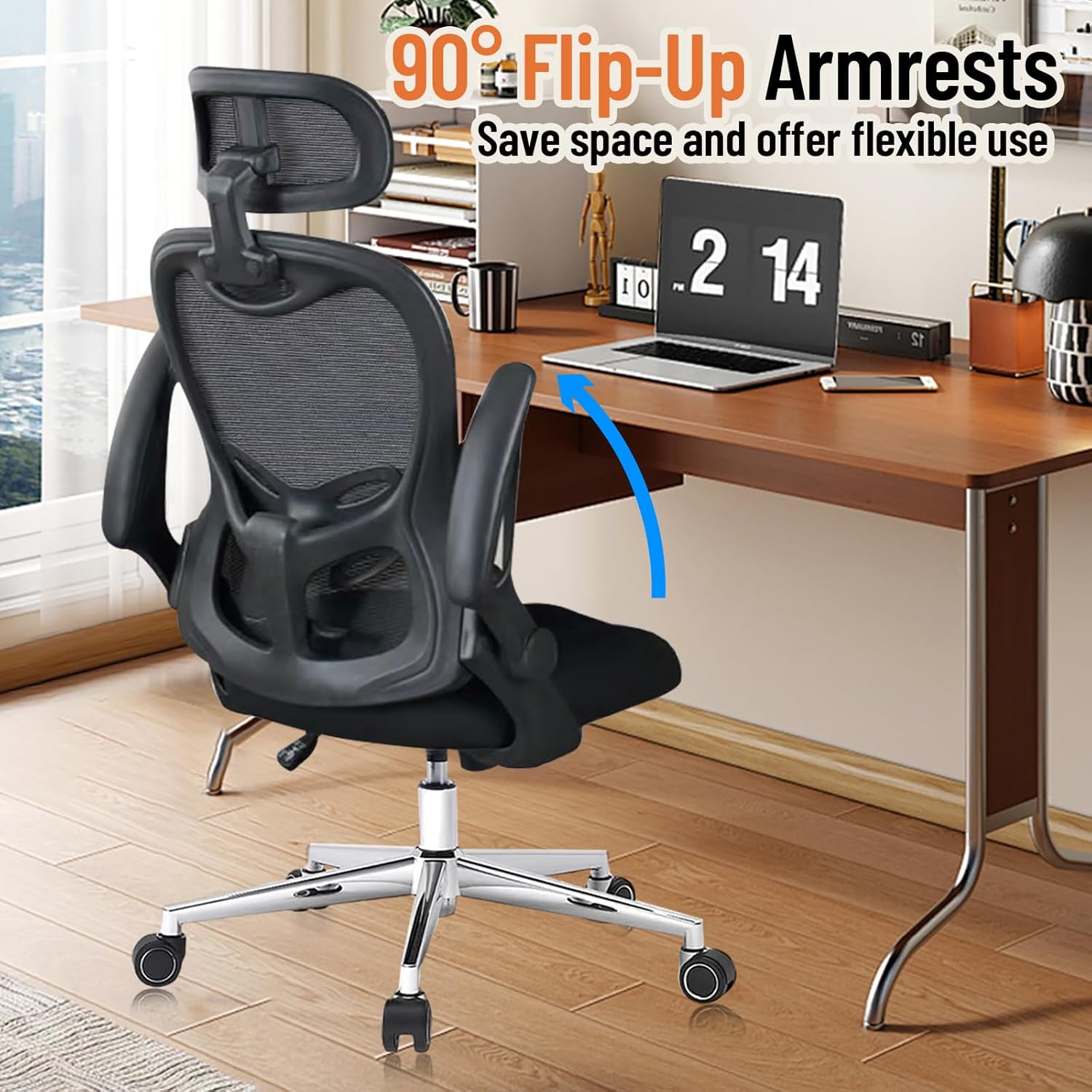 Office Chair, Ergonomic Breathable Mesh,Flip-Up Arms and Adjustable High Back Lumbar Support,Comfy Computer Chair for Home Office (Black, 407)