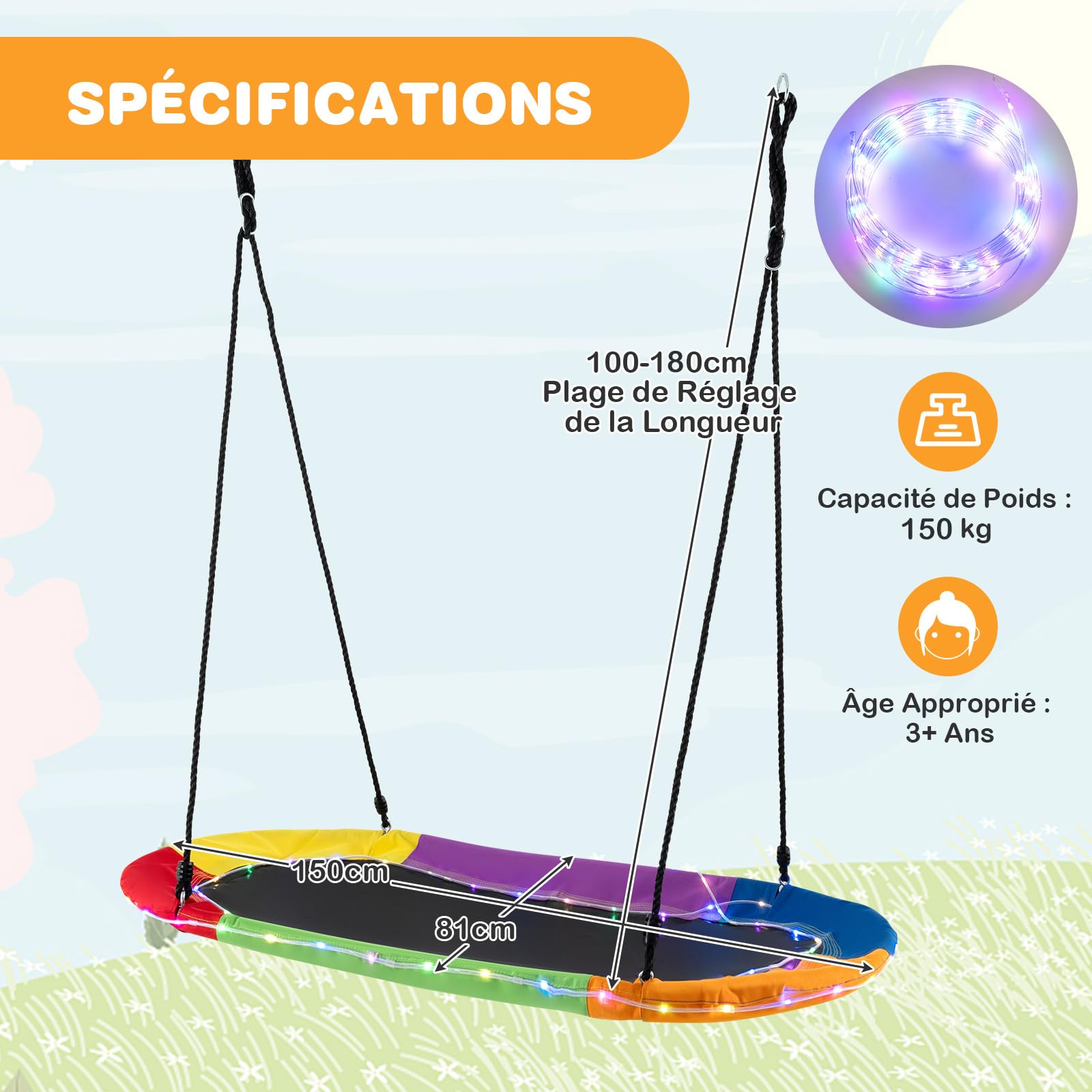 COSTWAY Balançoire Soucoupe Ovale Ø 150 cm avec Lumières LED, Balançoire Nid d'Oiseau en Tissu Oxford avec Cordes Réglables (100-180cm), Intérieur Extérieur, Charge 150kg pour Enfants et Adultes